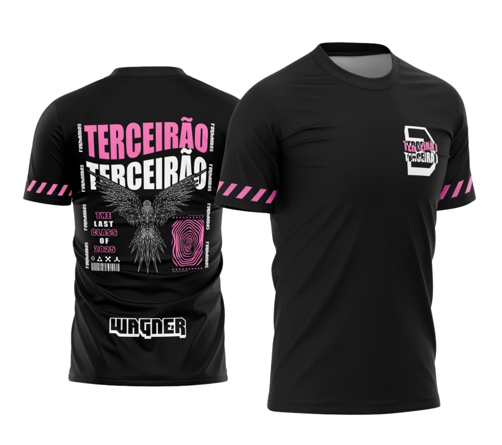 Camisa preta do terceirão 2026 modelo Fênix geométrica com estampa moderna e personalização com nome do aluno