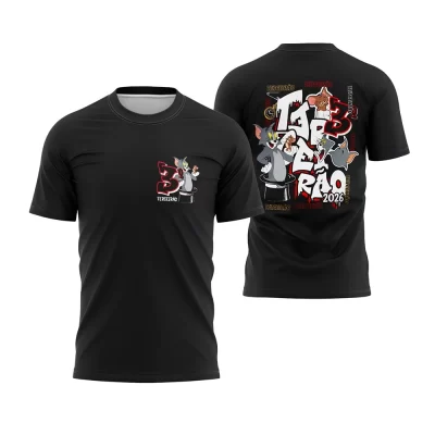 Camiseta preta Terceirão 2026 com estampa inspirada em Tom e Jerry nas costas e personalização para formandos.