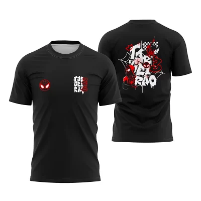 Camiseta preta Terceirão 2026 com estampa inspirada em herói aracnídeo e design moderno em vermelho e branco.