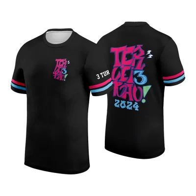 Camiseta preta do Terceirão 2026 com tipografia estilo grafite colorida e personalização de turma.