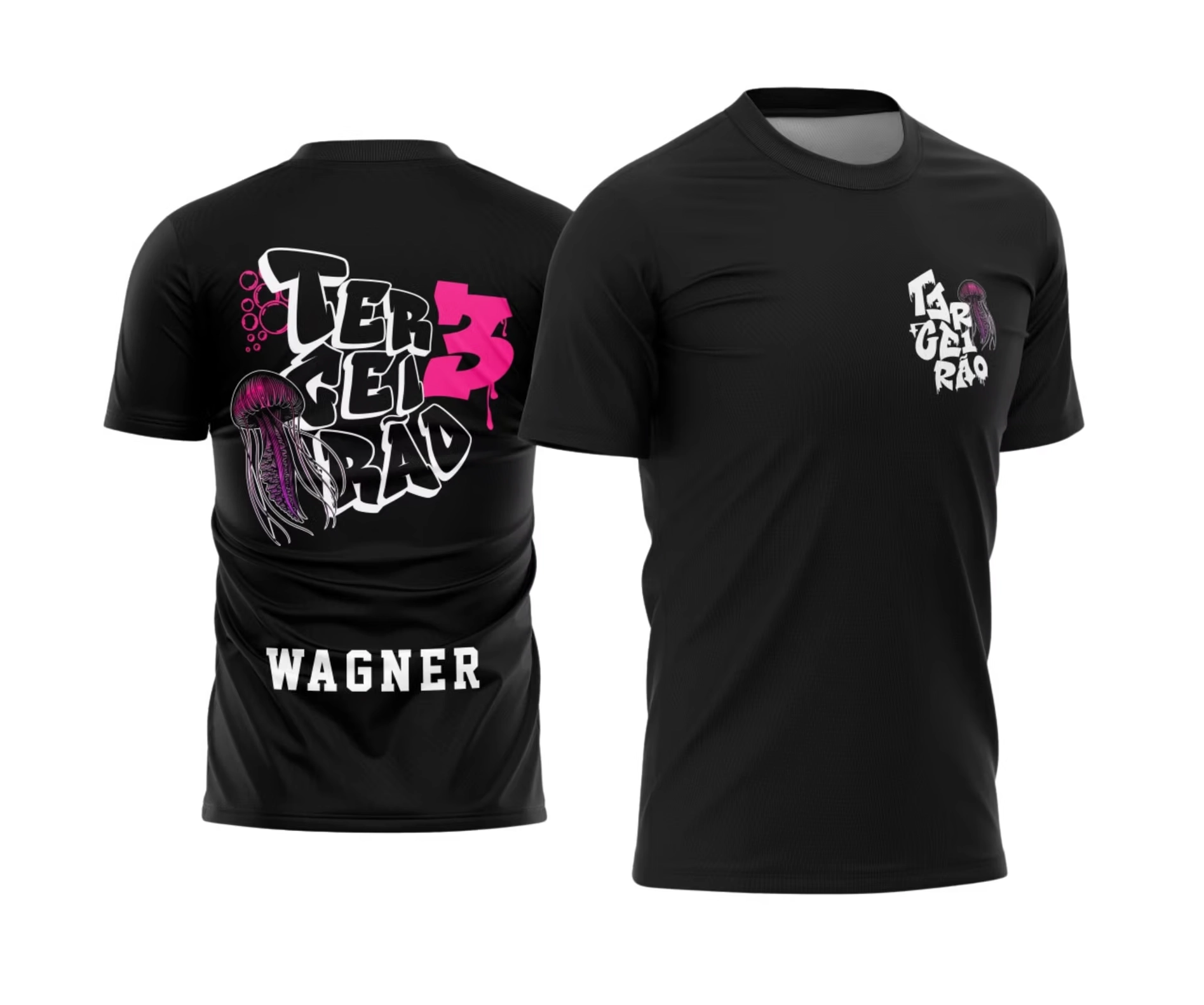 Camiseta preta Terceirão 2025 com estampa de água-viva em rosa e tipografia moderna nas costas.