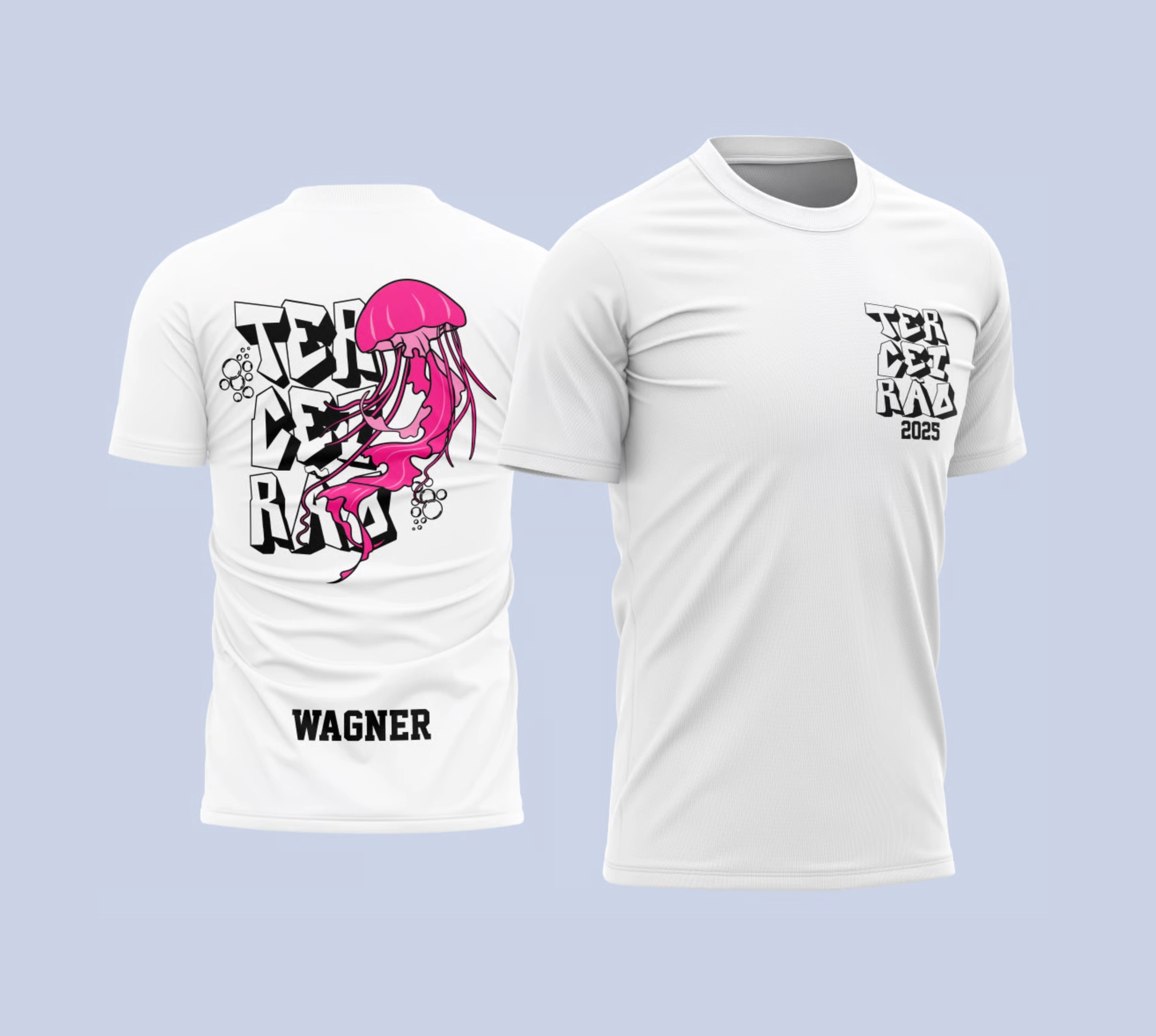 Camiseta branca Terceirão 2025 com estampa de água-viva em rosa e tipografia moderna nas costas.