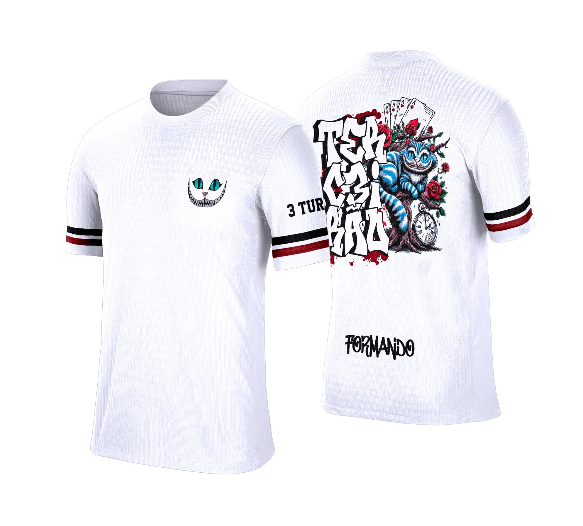 Camiseta branca Terceirão 2026 inspirada em Alice no País das Maravilhas com arte do gato e elementos lúdicos nas costas.