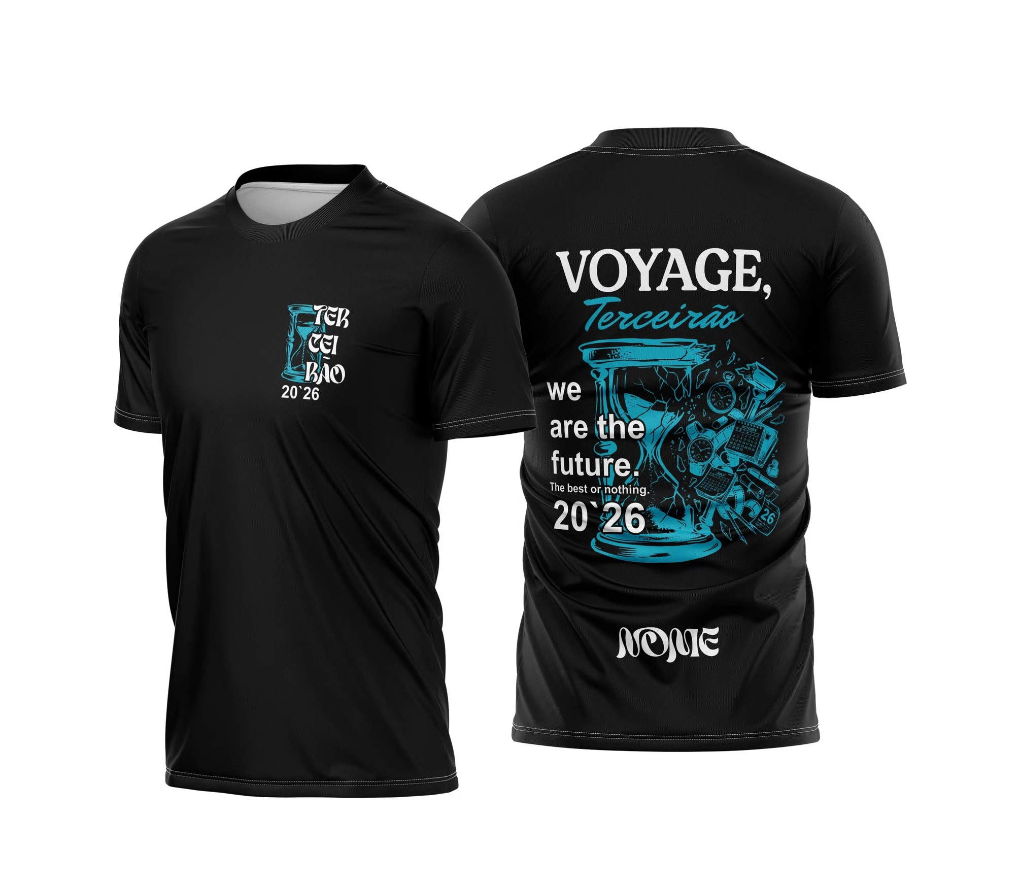 Camiseta preta Terceirão 2026 com ampulheta e elementos escolares em azul, simbolizando o tempo e o futuro.