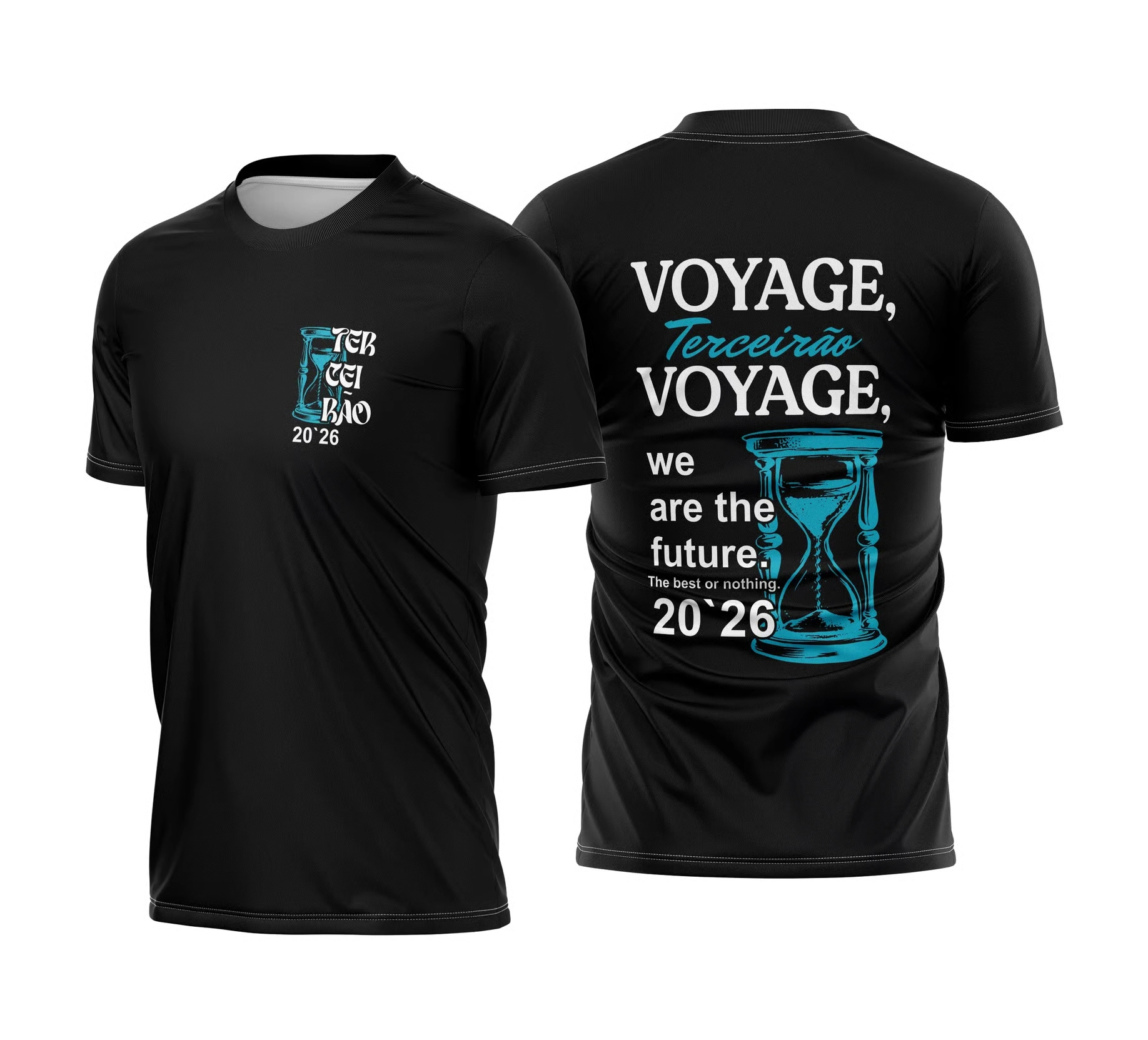 Camiseta preta Terceirão 2026 com estampa de ampulheta e tipografia Voyage nas costas.