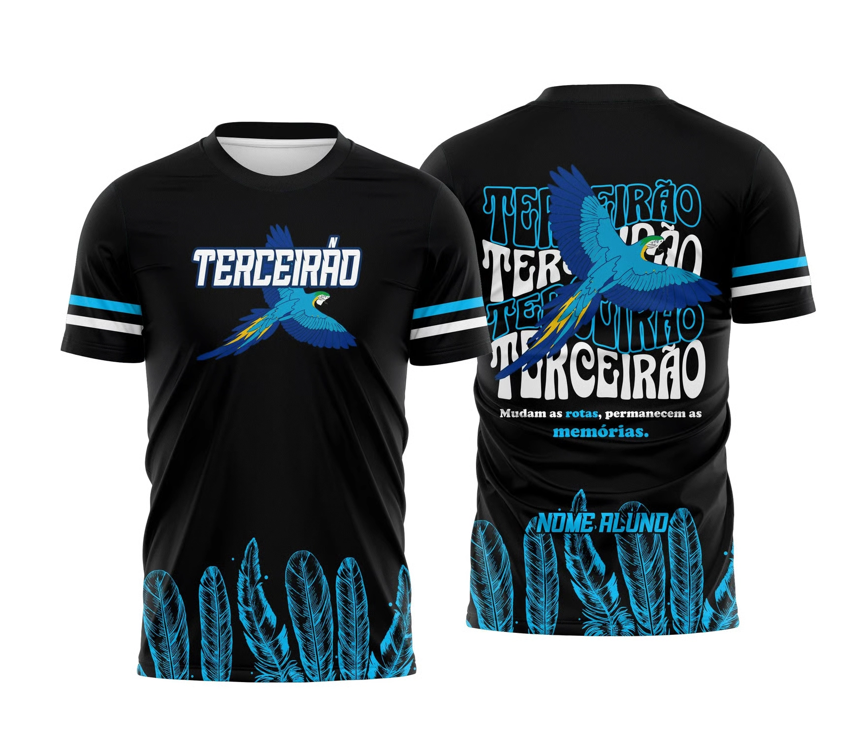 Camiseta preta Terceirão 2026 com estampa de arara azul e tipografia moderna nas costas.