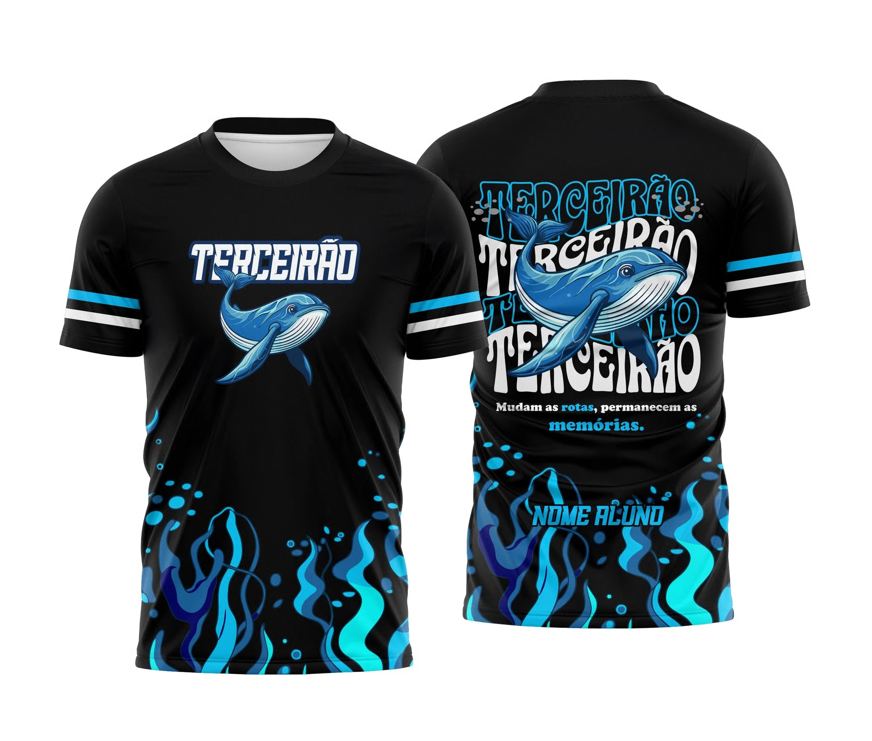 Camiseta preta Terceirão 2026 com estampa de baleia azul e elementos marinhos nas costas.