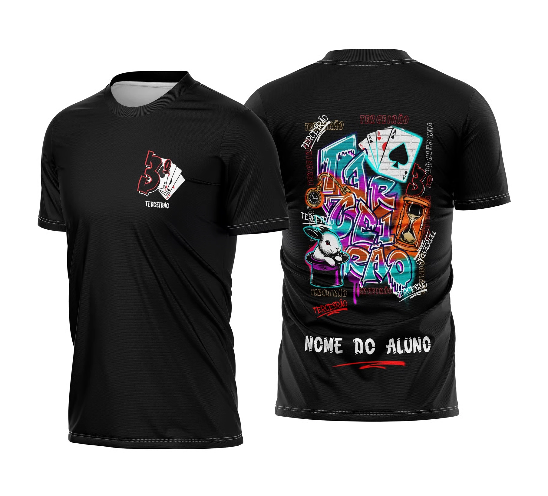 Camiseta preta Terceirão 2026 com arte em graffiti, coelho e cartas nas costas.