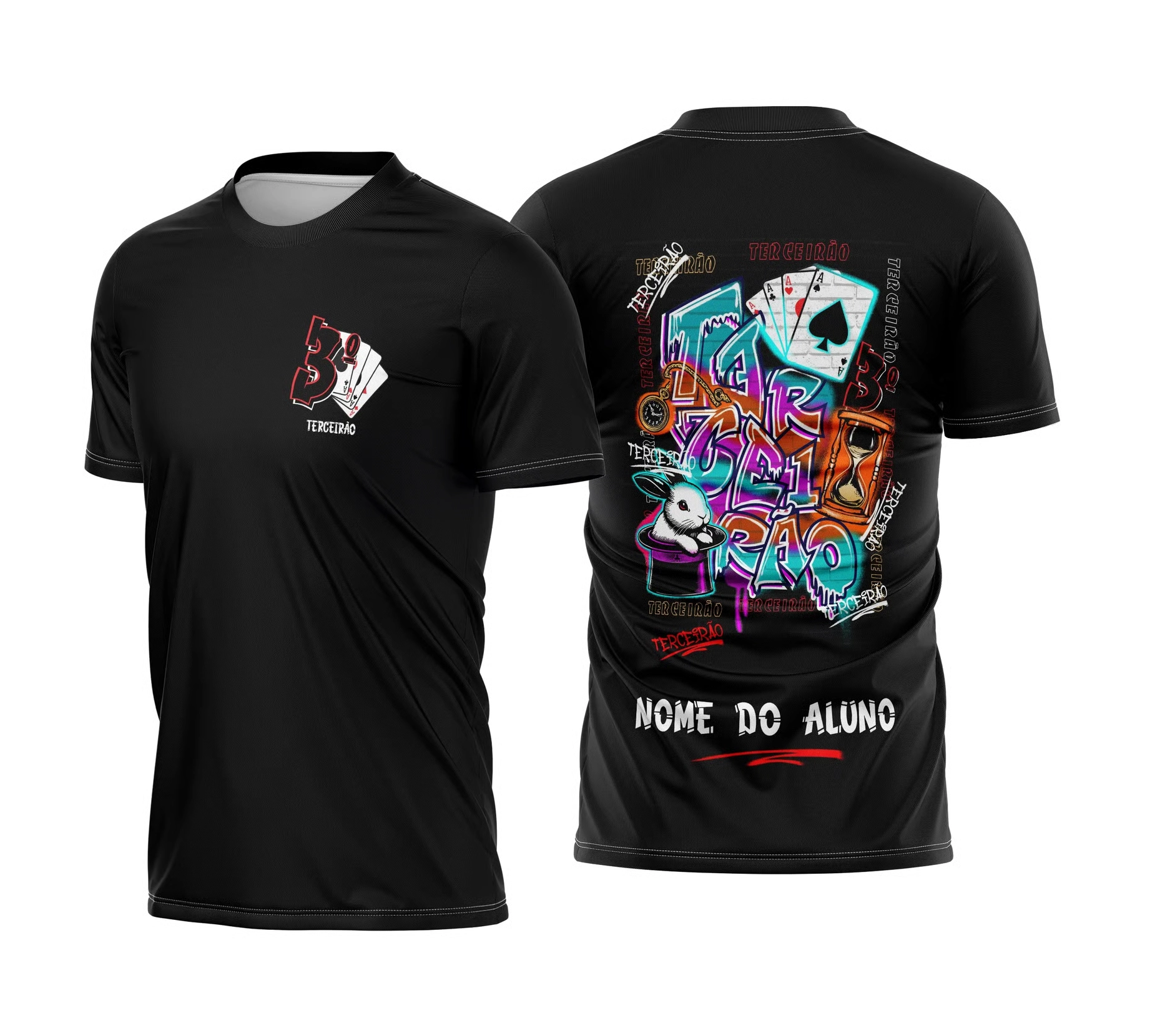 Camiseta preta Terceirão 2026 com arte de coelho, cartas e ampulheta nas costas.