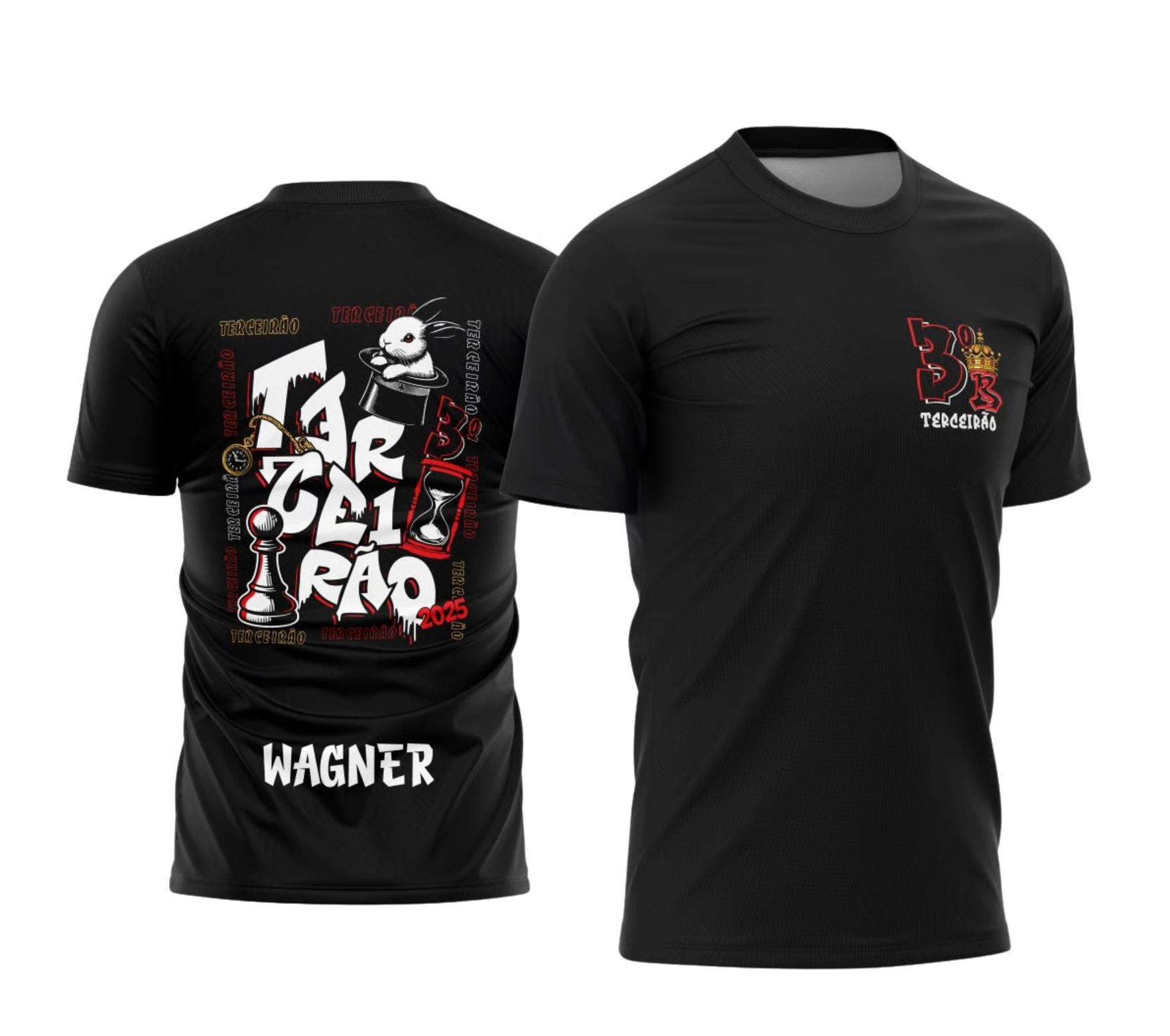 Camiseta preta Terceirão 2026 com estampa de coelho na cartola, peças de xadrez e ampulheta nas costas.