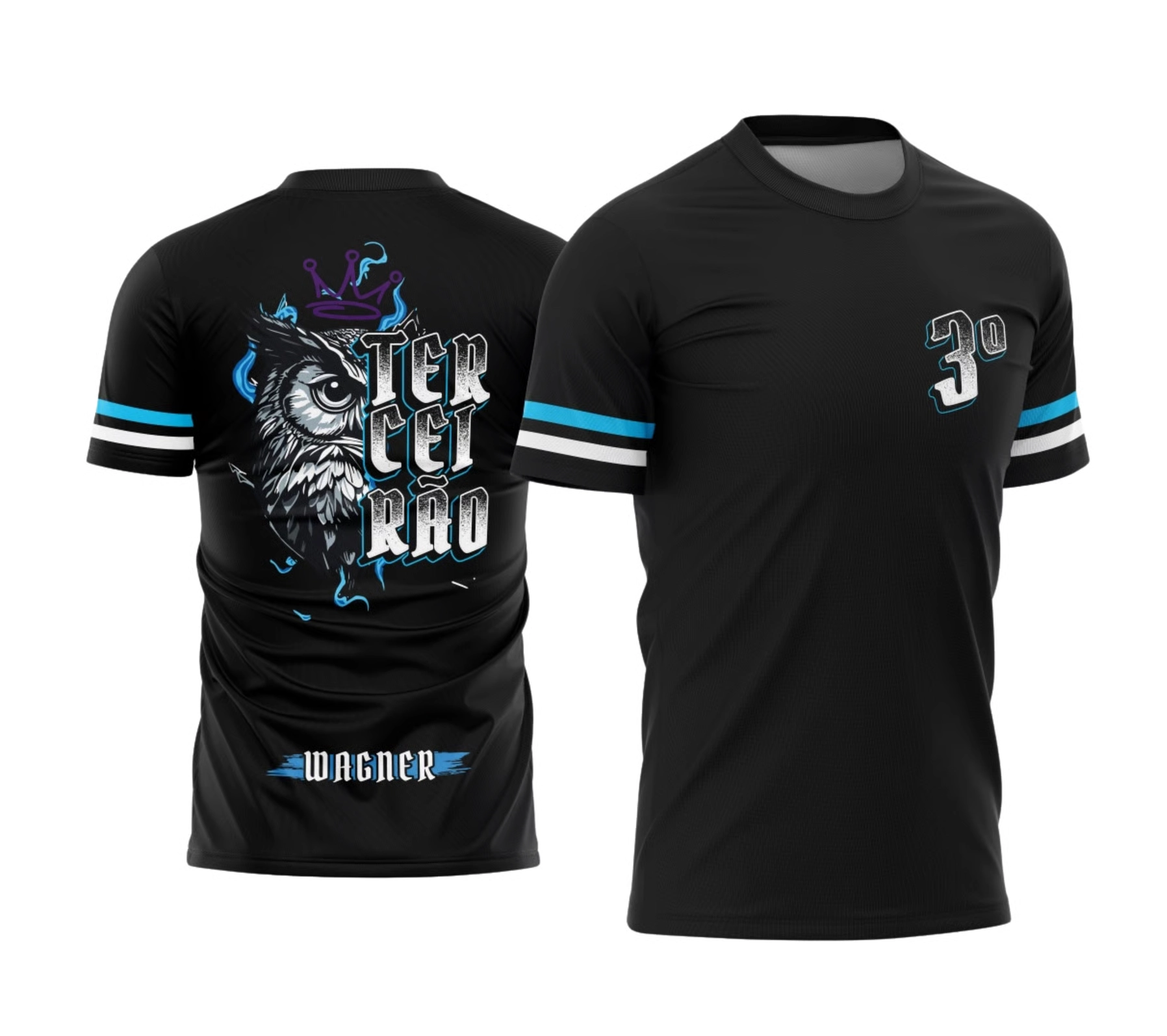 Camiseta preta Terceirão 2026 com estampa de coruja e detalhes em azul nas costas.