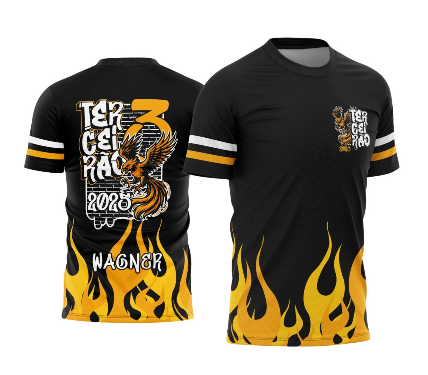 Camiseta preta Terceirão 2026 com estampa de fênix e chamas nas costas.