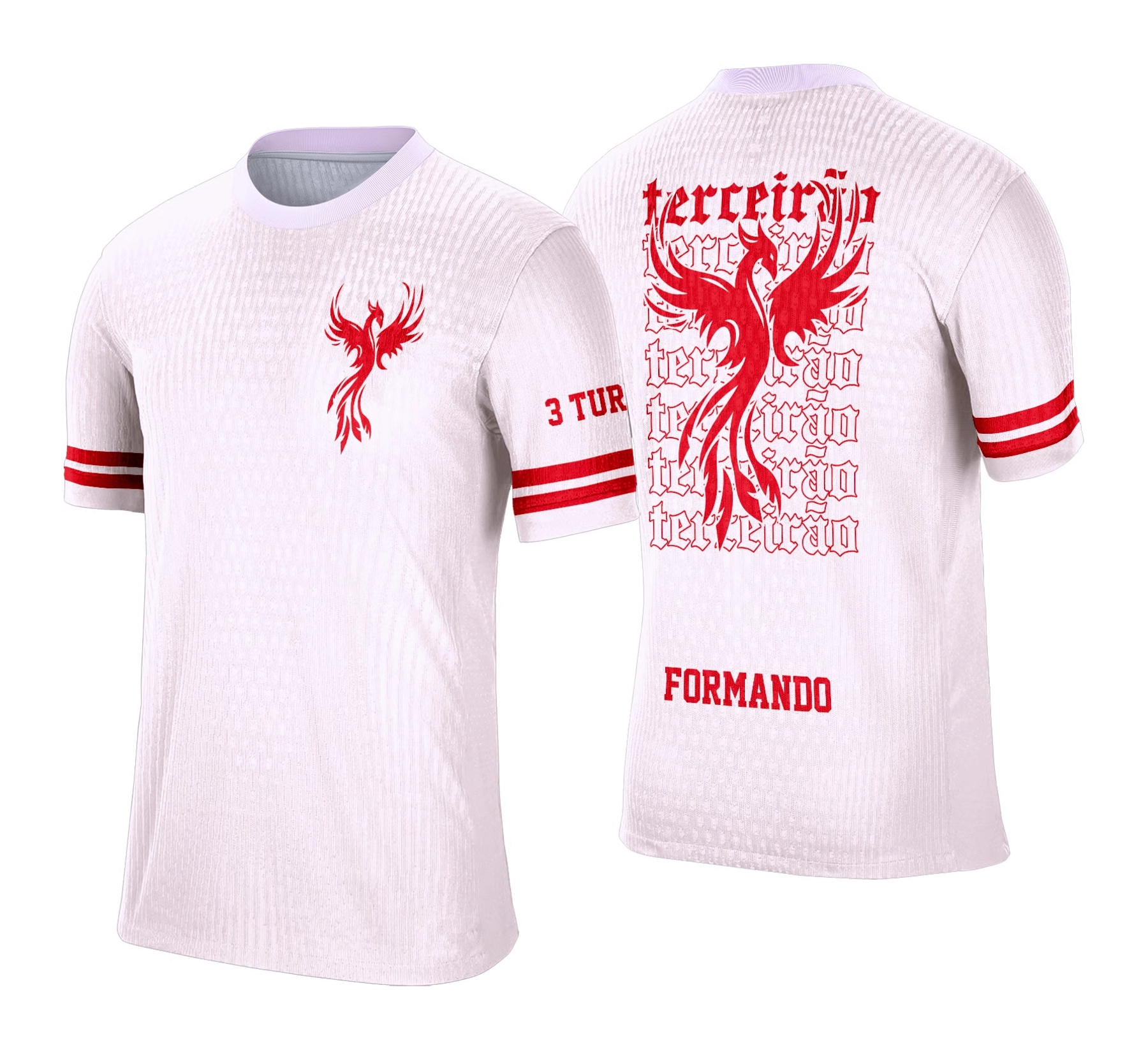 Camiseta branca Terceirão 2026 com estampa de fênix vermelha e tipografia estilizada nas costas.