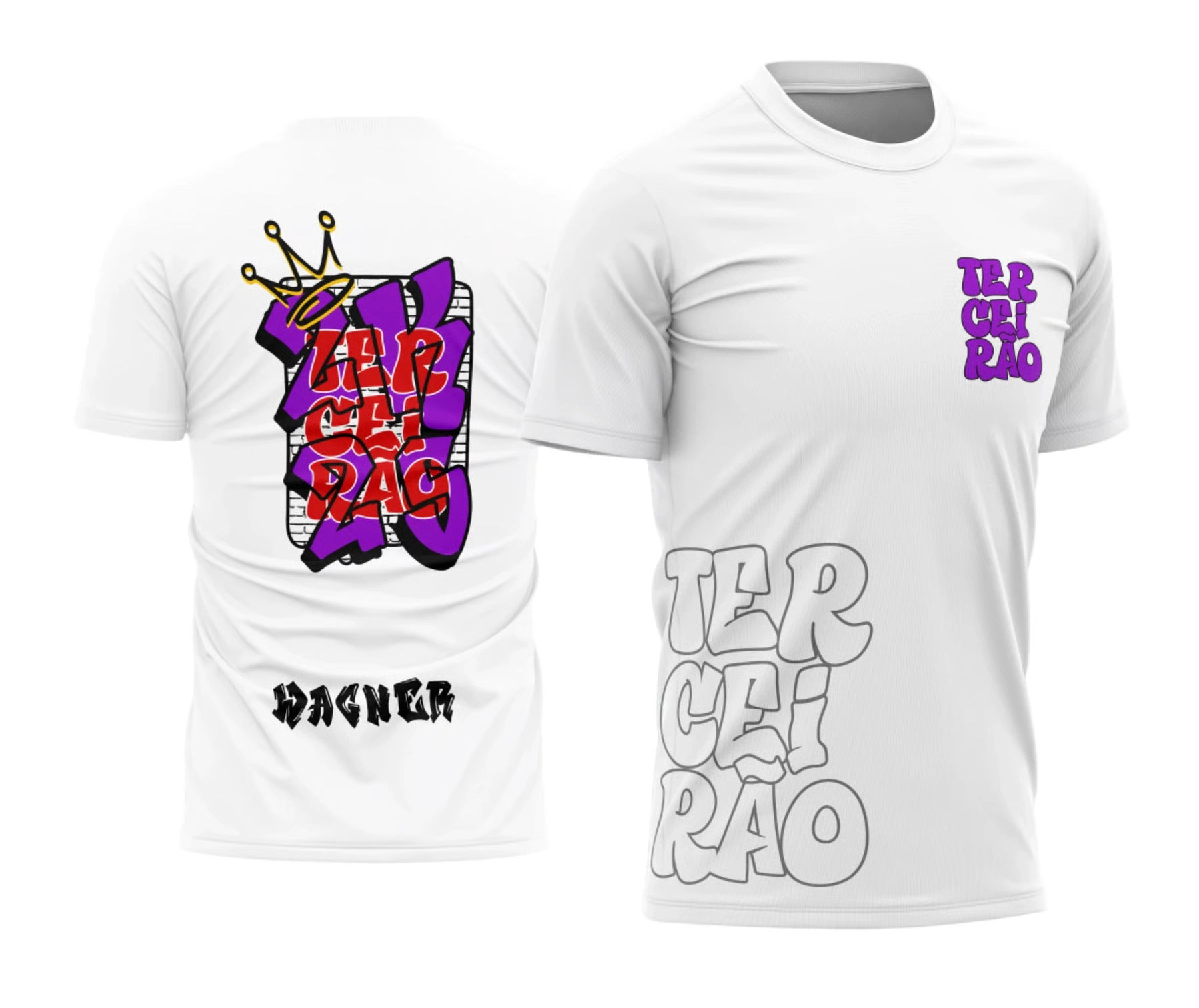 Camiseta branca Terceirão 2026 com estampa em graffiti e tipografia urbana nas costas.