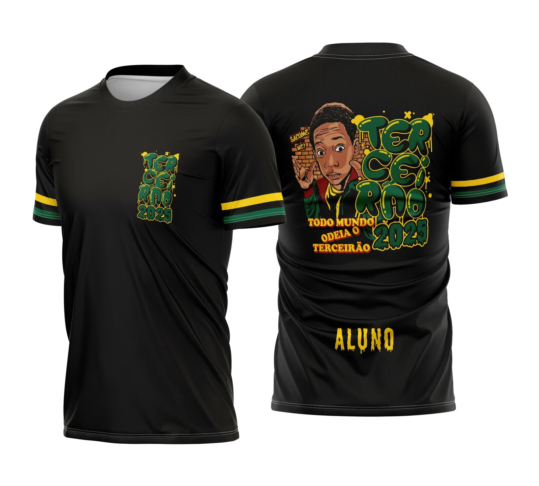 Camiseta preta Terceirão 2026 inspirada em estilo sitcom, com estampa divertida e tipografia graffiti verde.