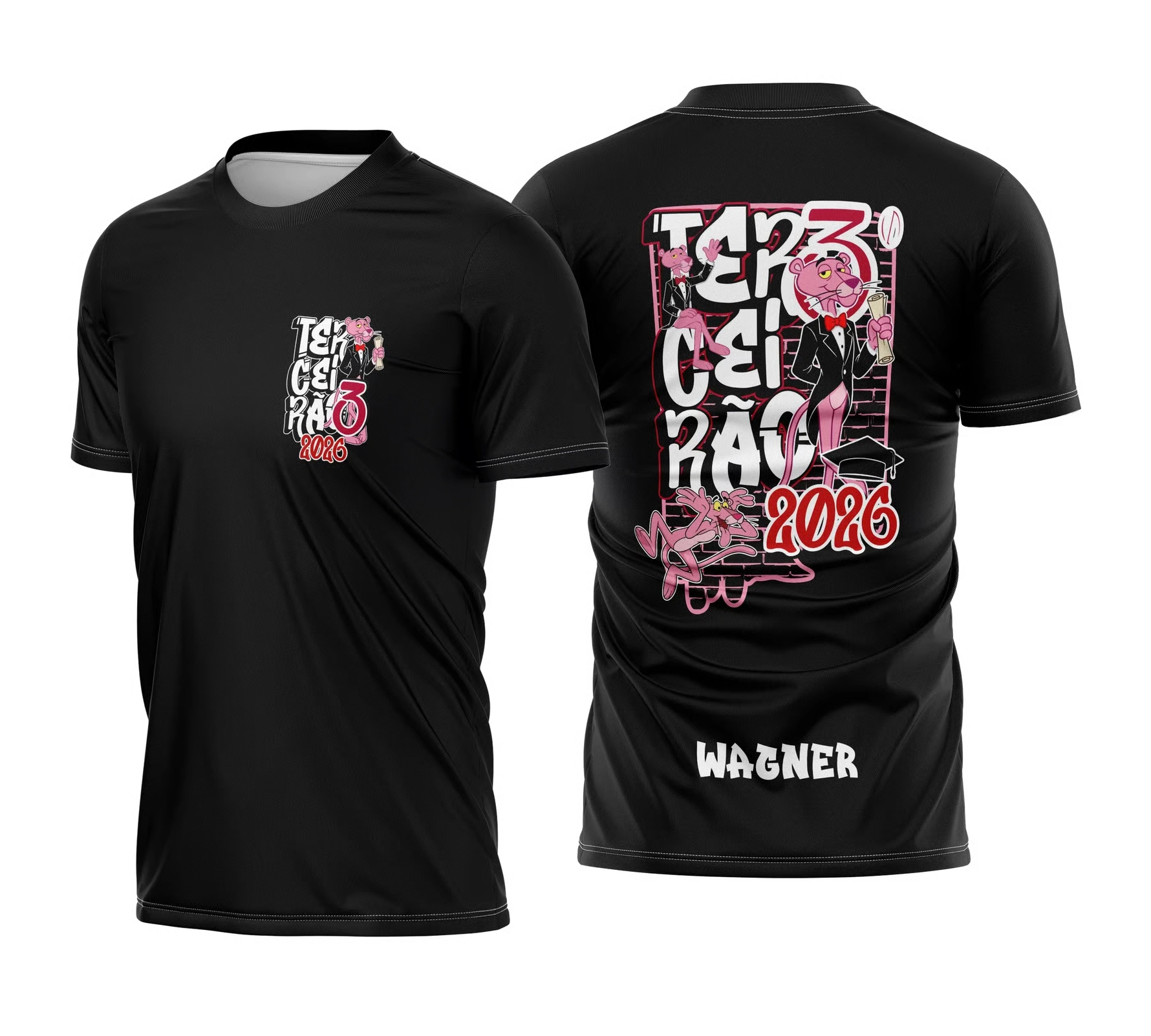Camiseta preta Terceirão 2026 com arte de pantera rosa estilizada e personalização com nome.