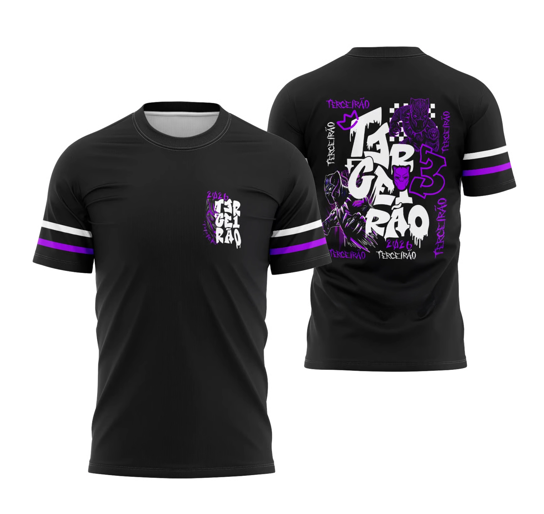 Camiseta preta Terceirão 2026 com arte em roxo estilo pantera guerreira e detalhes modernos.