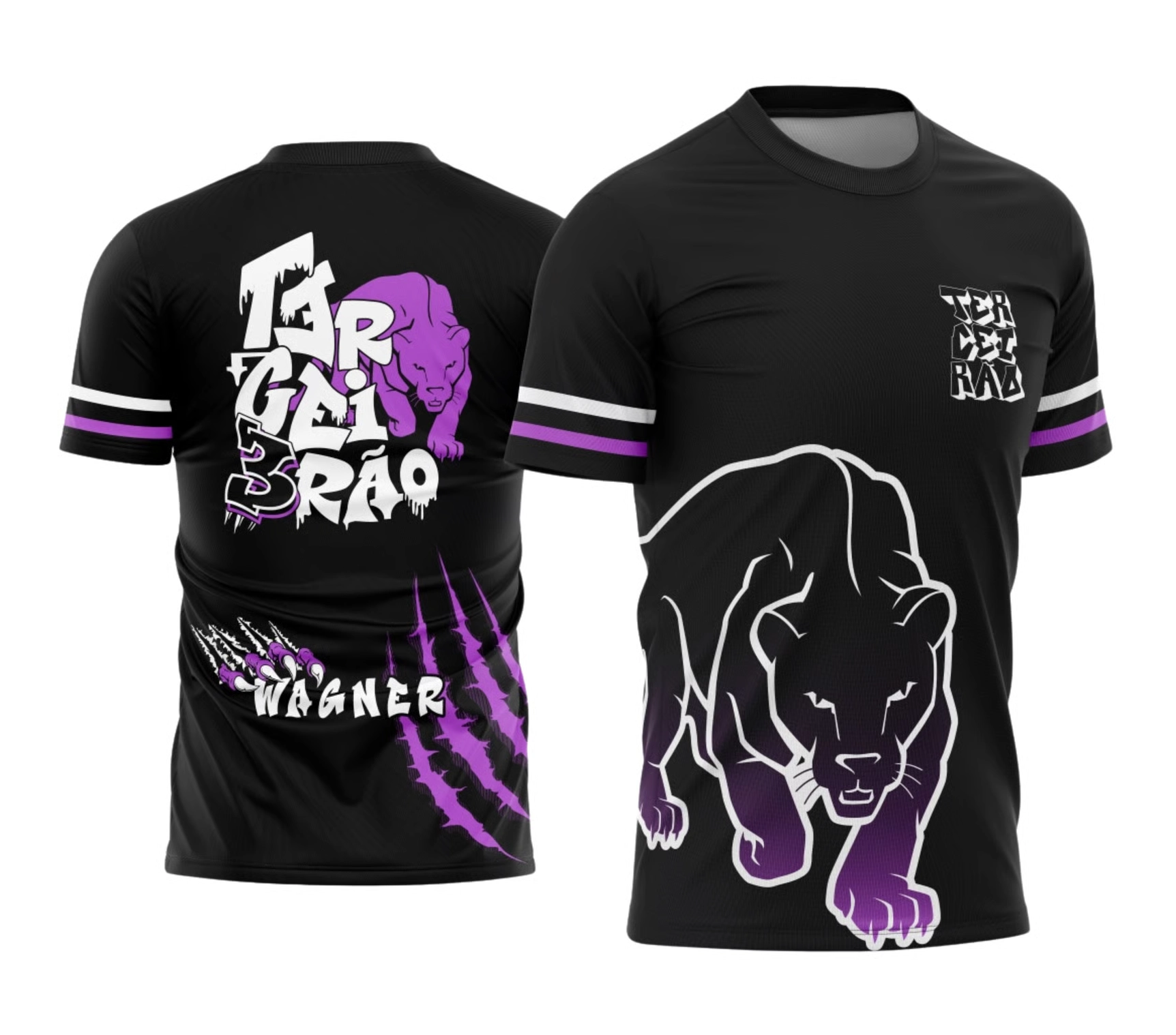 Camiseta preta Terceirão 2026 com pantera roxa estilizada, detalhes em branco e personalização com nome.