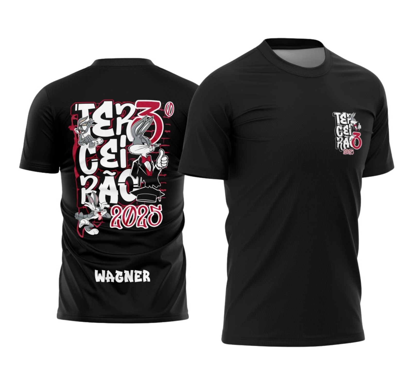 Camiseta preta Terceirão 2026 com personagem estilo Pernalonga fazendo joinha e personalização com nome.