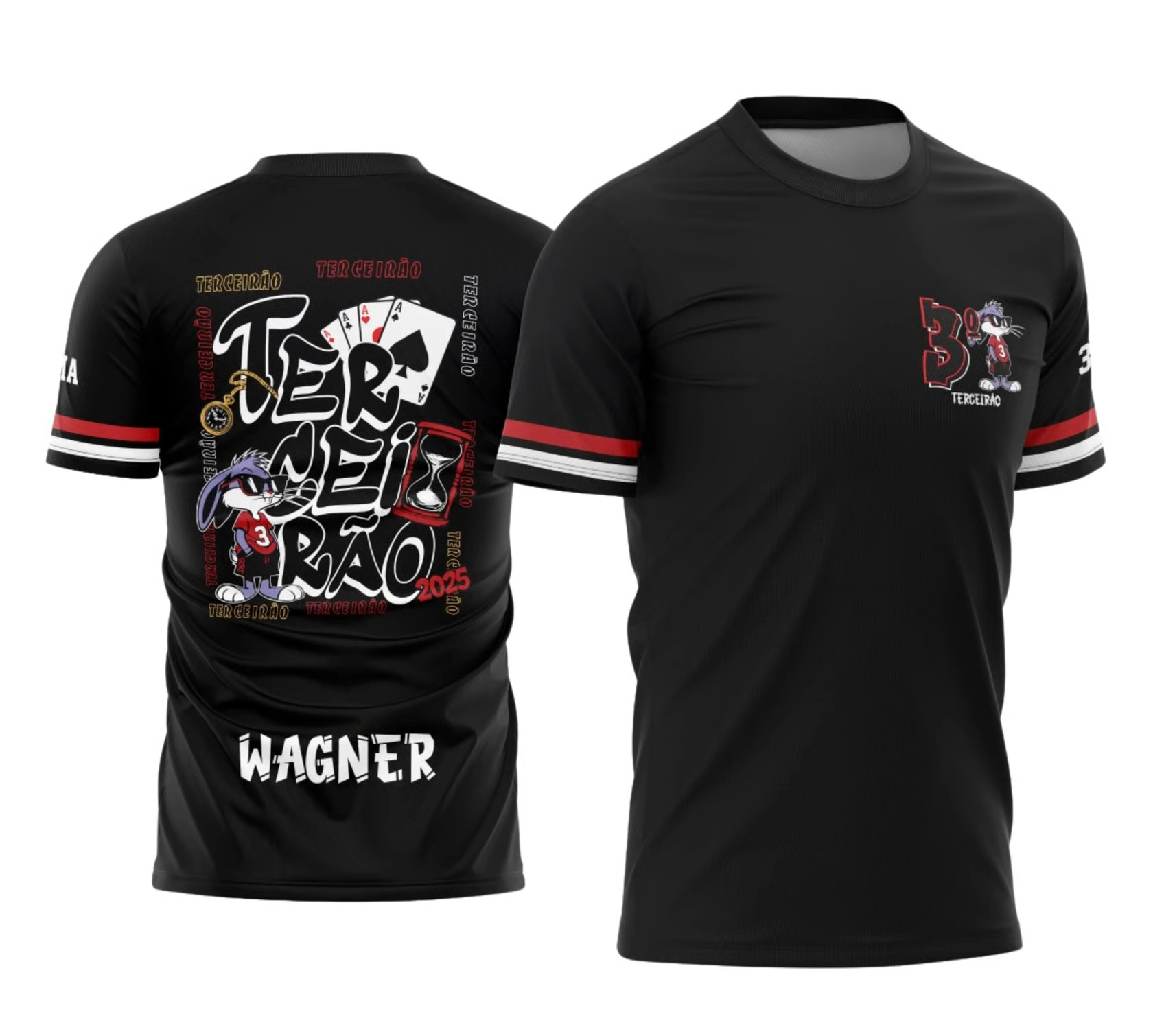 Camiseta preta Terceirão 2026 com arte divertida estilo Pernalonga, cartas de baralho e personalização com nome.