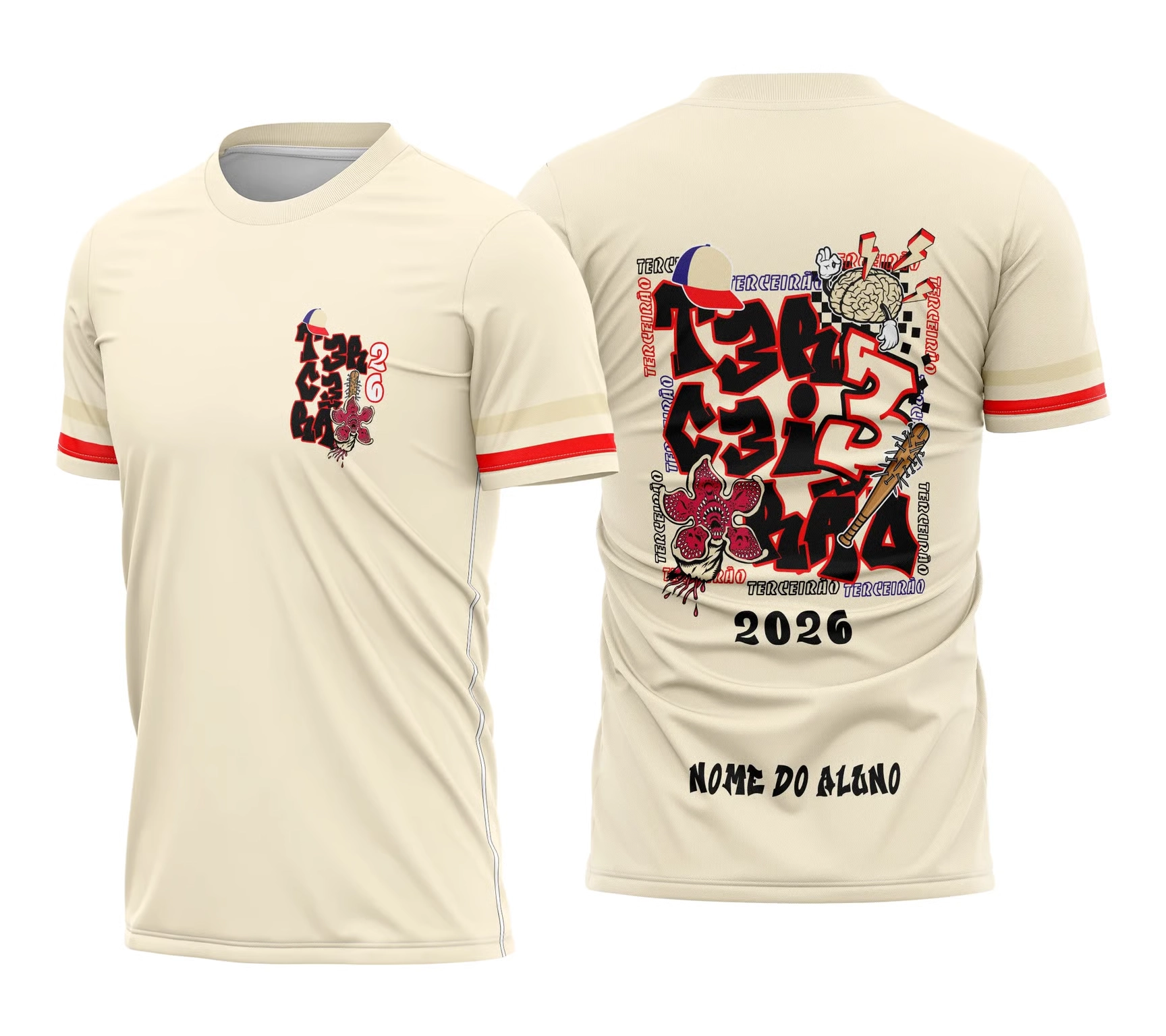 Camiseta Terceirão 2026 bege com arte inspirada em Stranger Things, Demogorgon e personalização com nome.