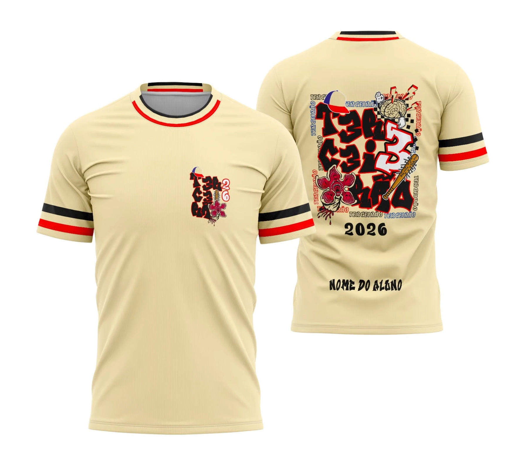 Camiseta Terceirão 2026 bege com detalhes preto e vermelho, arte inspirada em Stranger Things e personalização com nome.