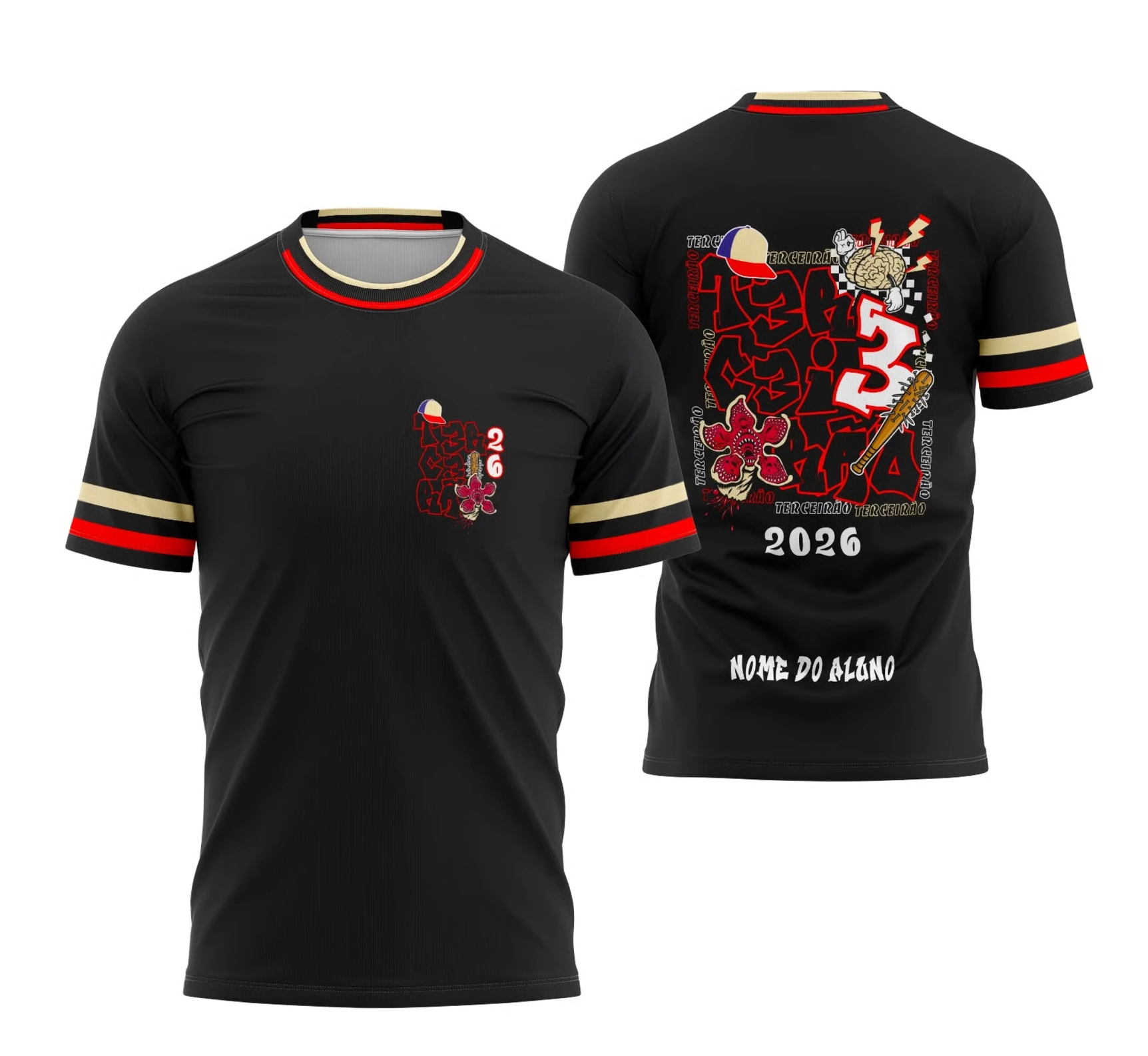 Camisa Terceirão 2026 preta com detalhes vermelho e dourado, estampa Stranger Things Demogorgon personalizada.