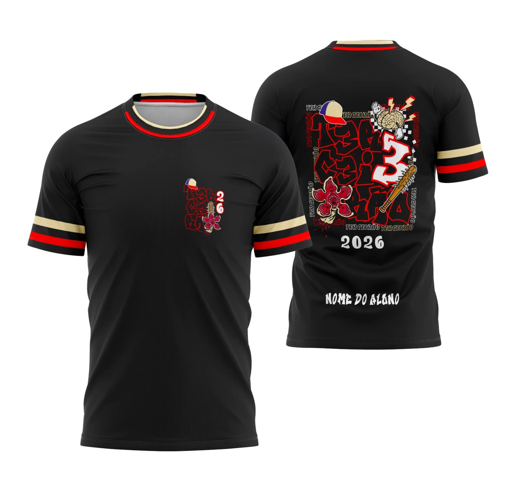 Camiseta Terceirão 2026 preta com arte inspirada em Stranger Things e personalização com nome.
