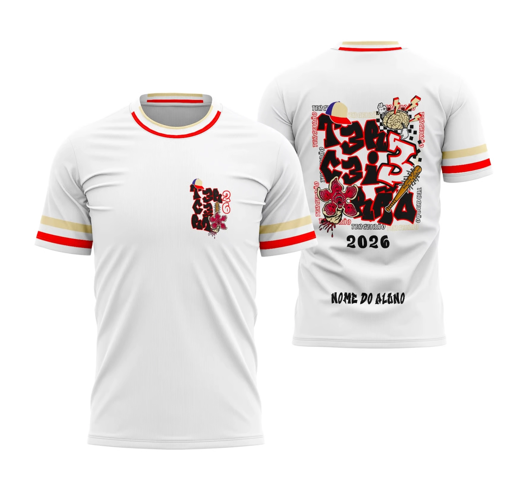 Camisa Terceirão 2026 branca com detalhes vermelho e dourado, estampa Stranger Things Demogorgon personalizada.