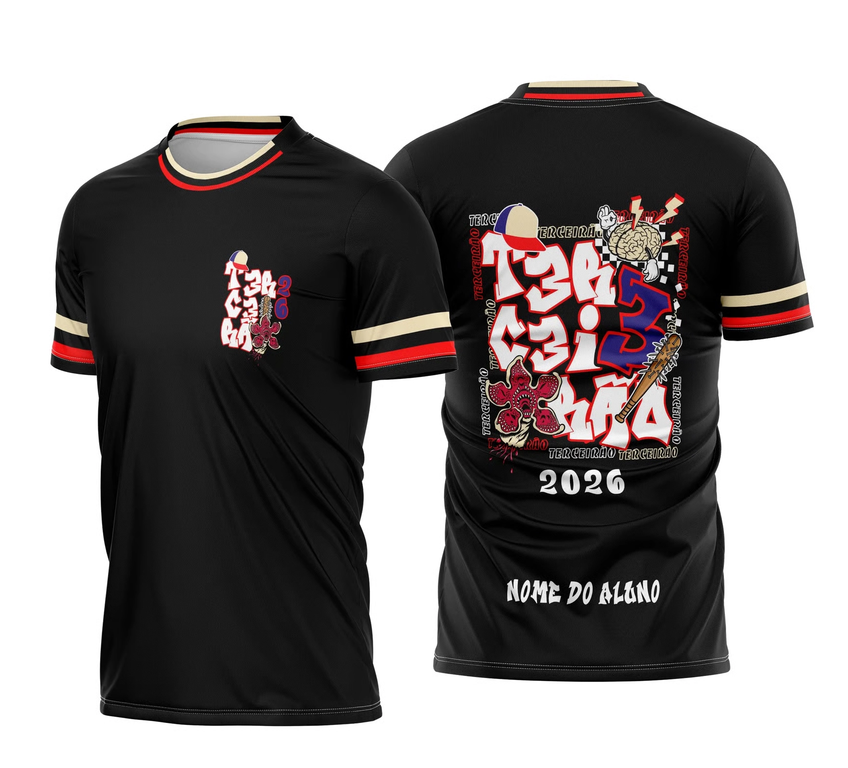 Camisa Terceirão 2026 preta com detalhes vermelho e dourado, estampa Stranger Things Demogorgon personalizada.