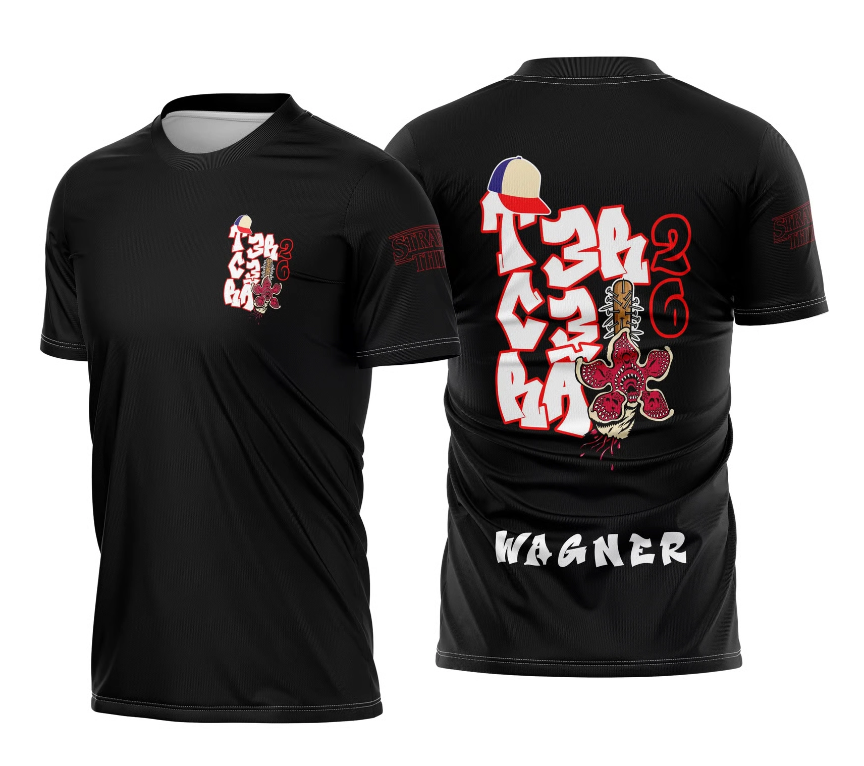 Camisa Terceirão 2026 preta com estampa Demogorgon em destaque nas costas e personalização com nome.