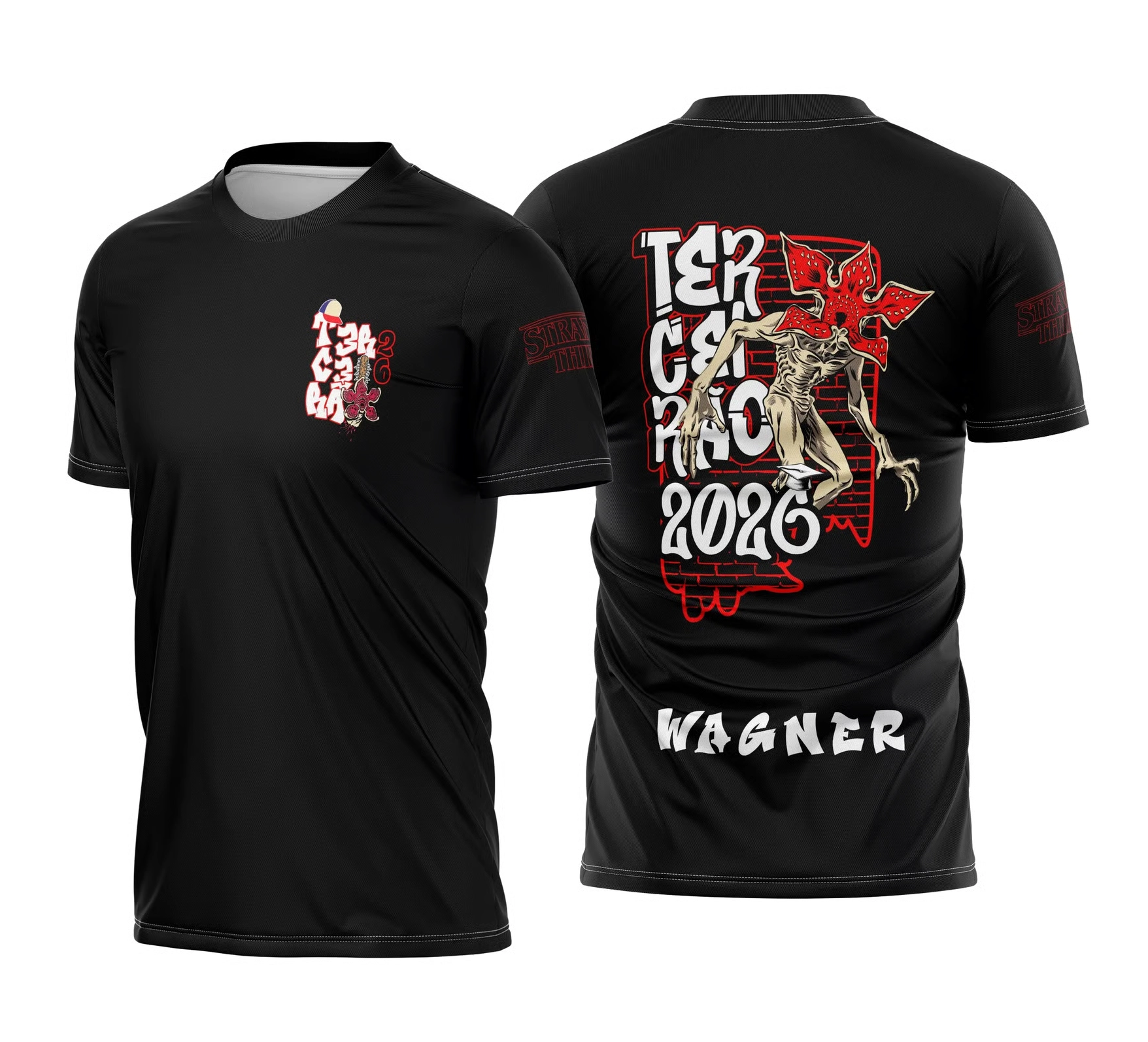 Camisa terceirão preta e vermelha 2026 com estampa do Demogorgon nas costas e nome personalizado.