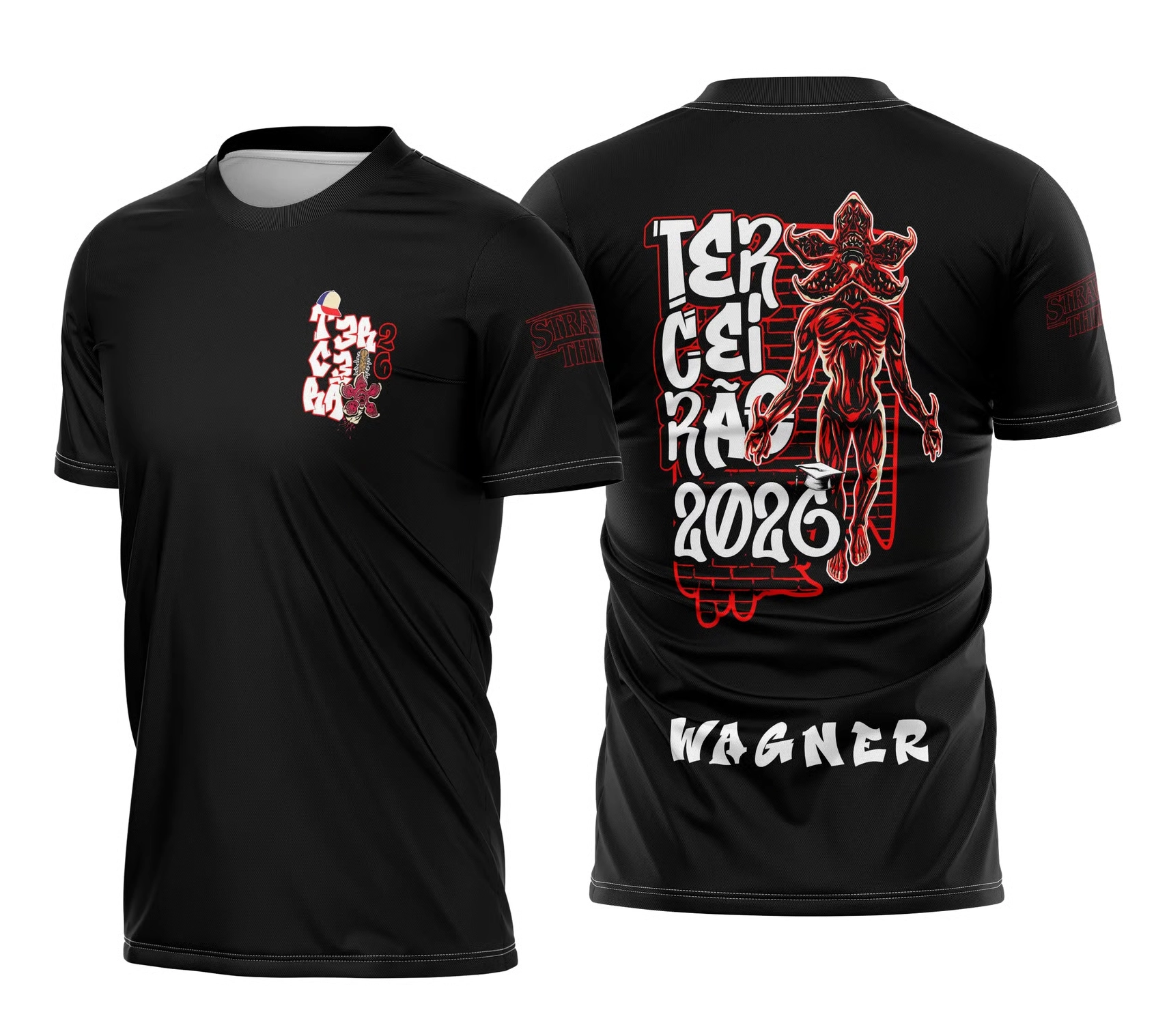Camisa terceirão preta 2026 com estampa do Demogorgon em vermelho nas costas e personalização com nome.
