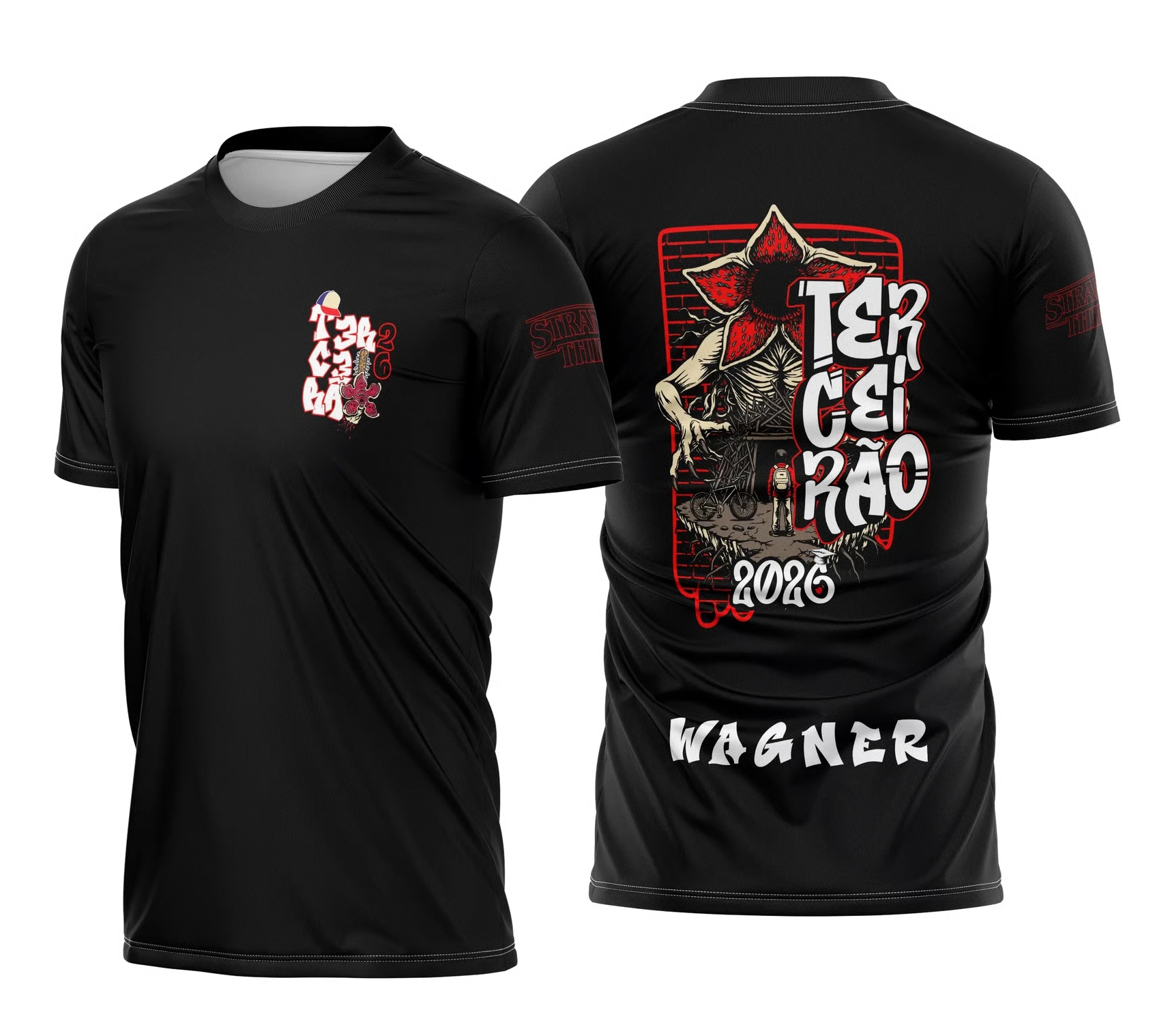 Camisa terceirão preta 2026 com estampa do Demogorgon nas costas e nome personalizado.