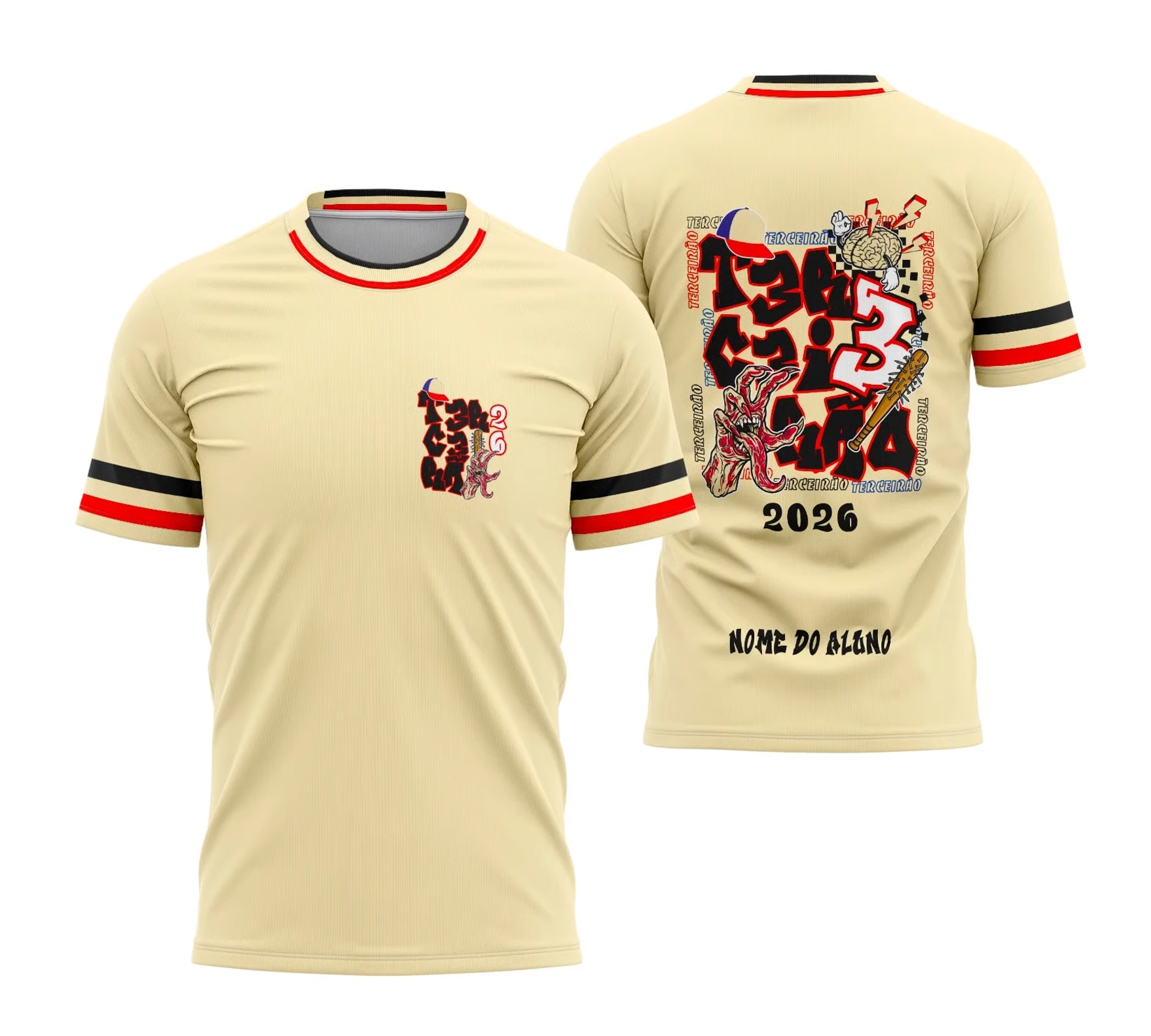 Camisa terceirão bege 2026 com estampa inspirada em Stranger Things e personalização com nome do aluno.