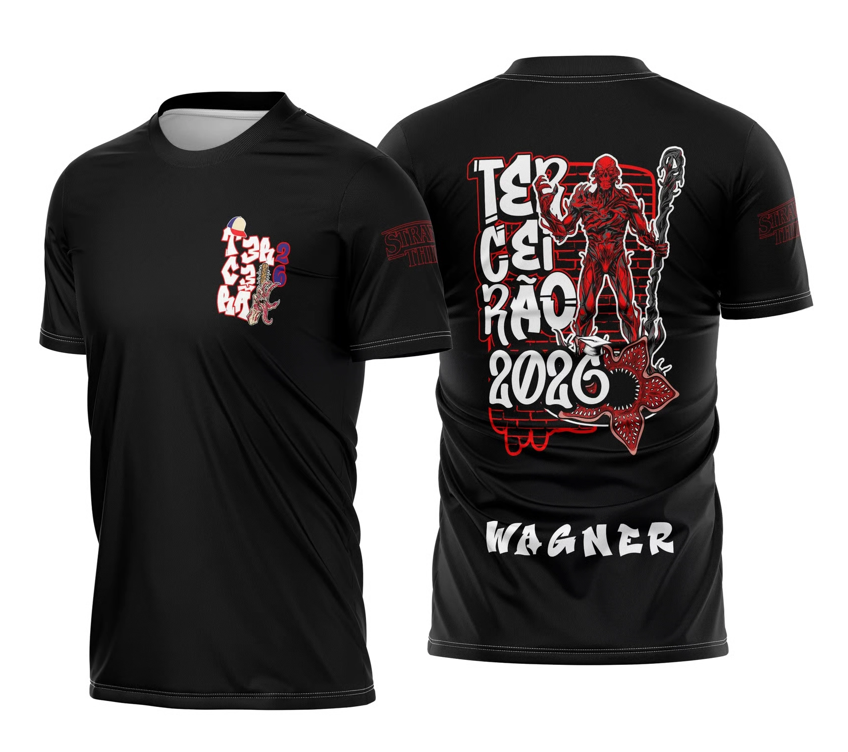 Camisa preta do terceirão 2026 com estampa do Demogorgon e personalização com nome do aluno