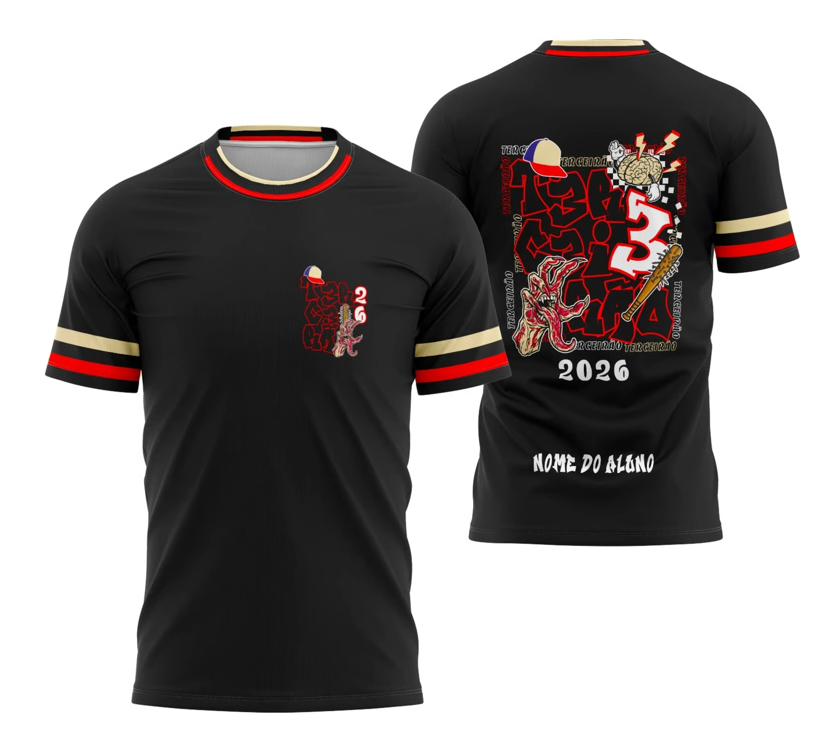 Camisa terceirão preta 2026 com detalhes em vermelho e bege, estampa inspirada em Stranger Things e nome personalizado.