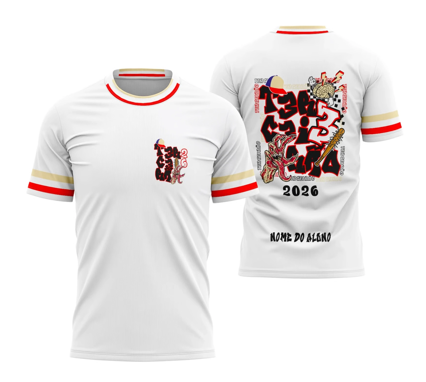 Camisa branca de terceirão 2026 inspirada em Stranger Things Vecna com estampa nas costas e personalização com nome do aluno