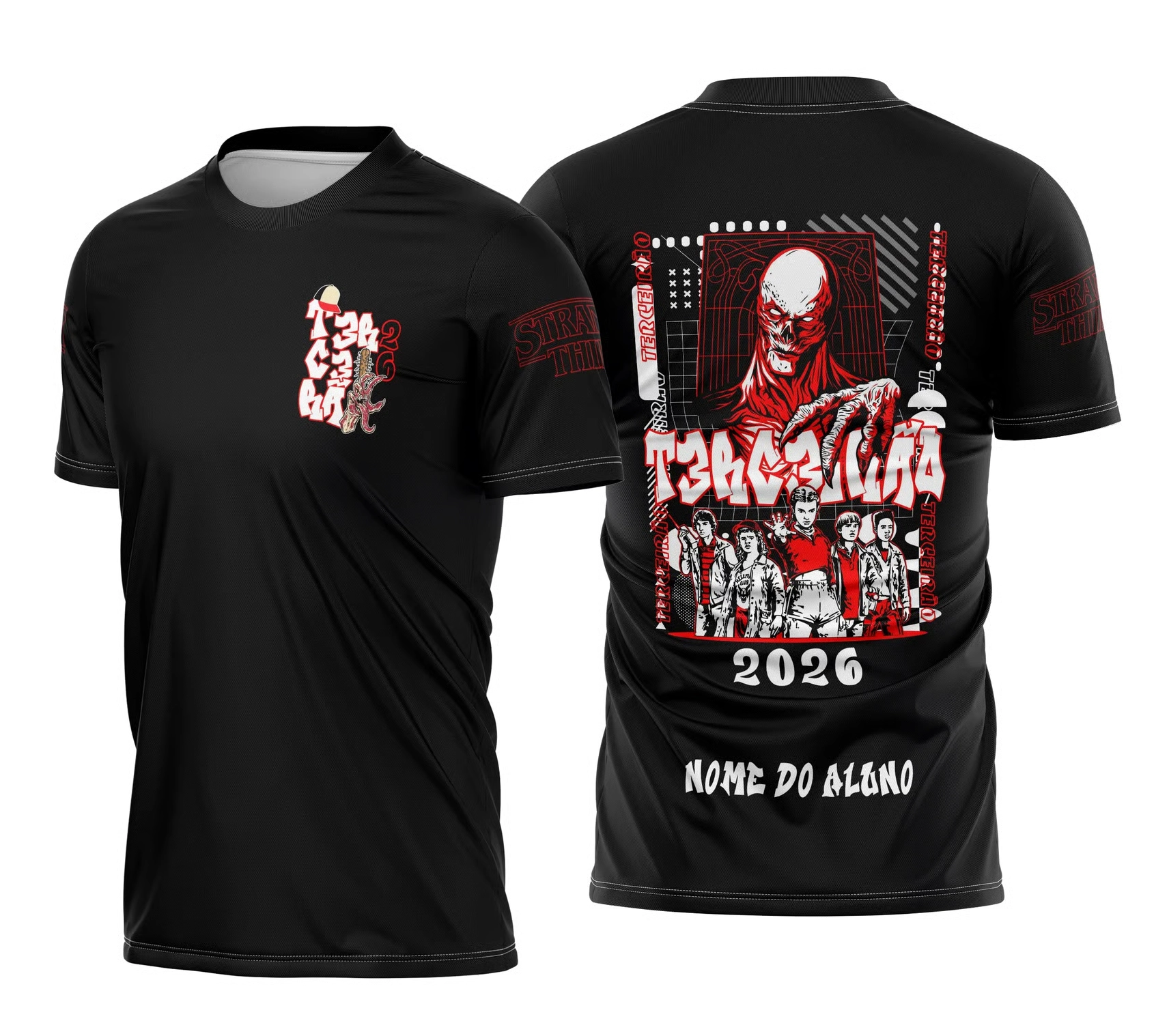 Camisa preta do terceirão 2026 com estampa do Vecna de Stranger Things e personalização com nome do aluno