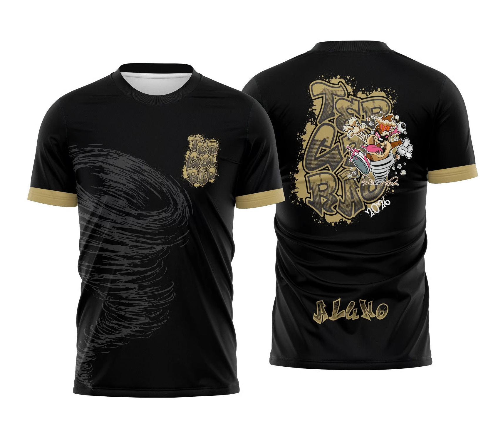 Camisa preta do terceirão 2026 com estampa do Taz em estilo grafite dourado e personalização com nome nas costas