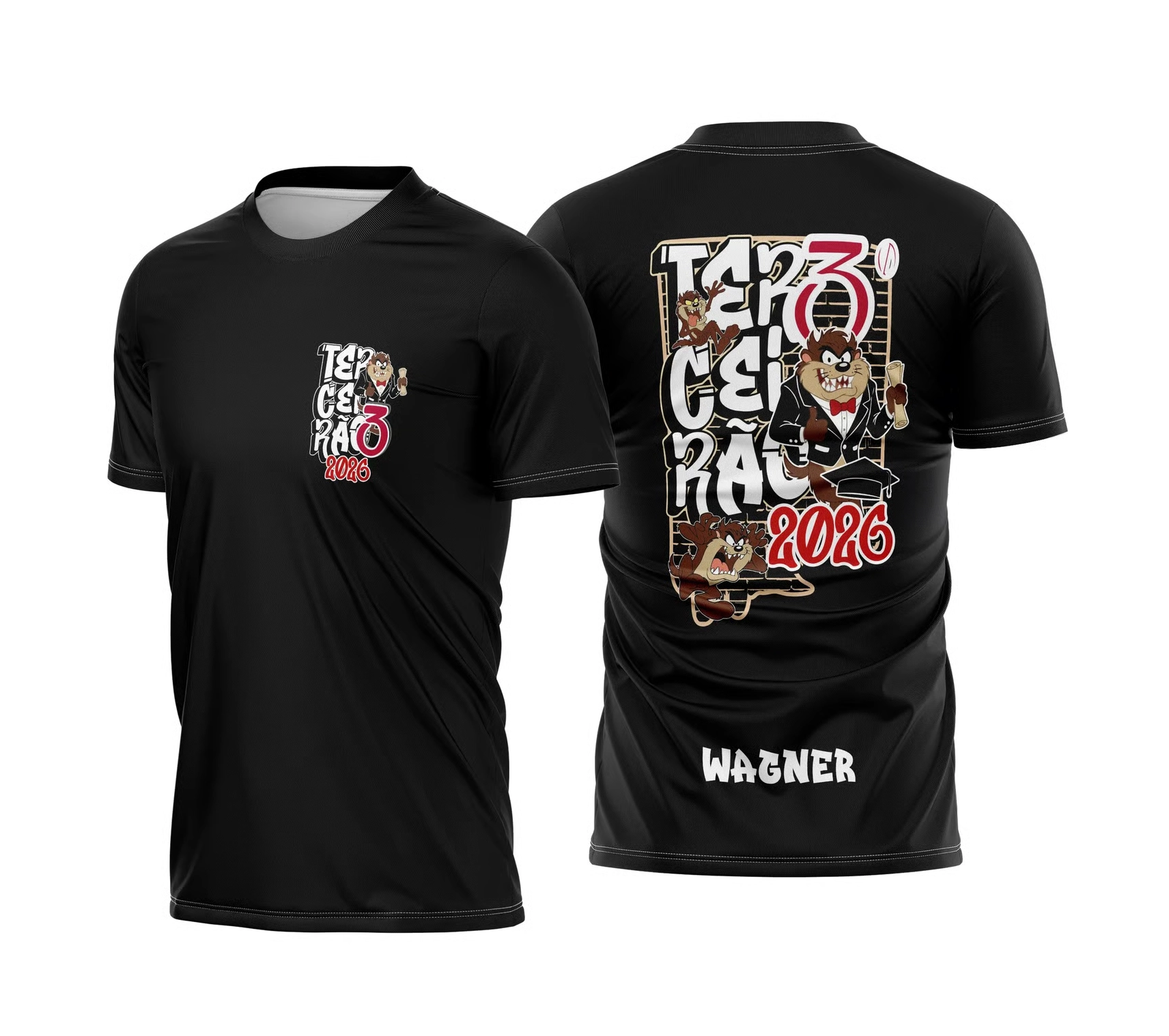 Camisa preta do terceirão 2026 com estampa do personagem Taz e personalização com nome do aluno