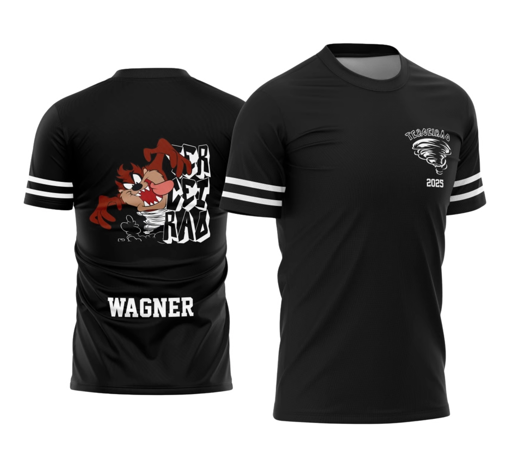 Camisa preta do terceirão 2026 com estampa do personagem Taz e personalização com nome do aluno nas costas