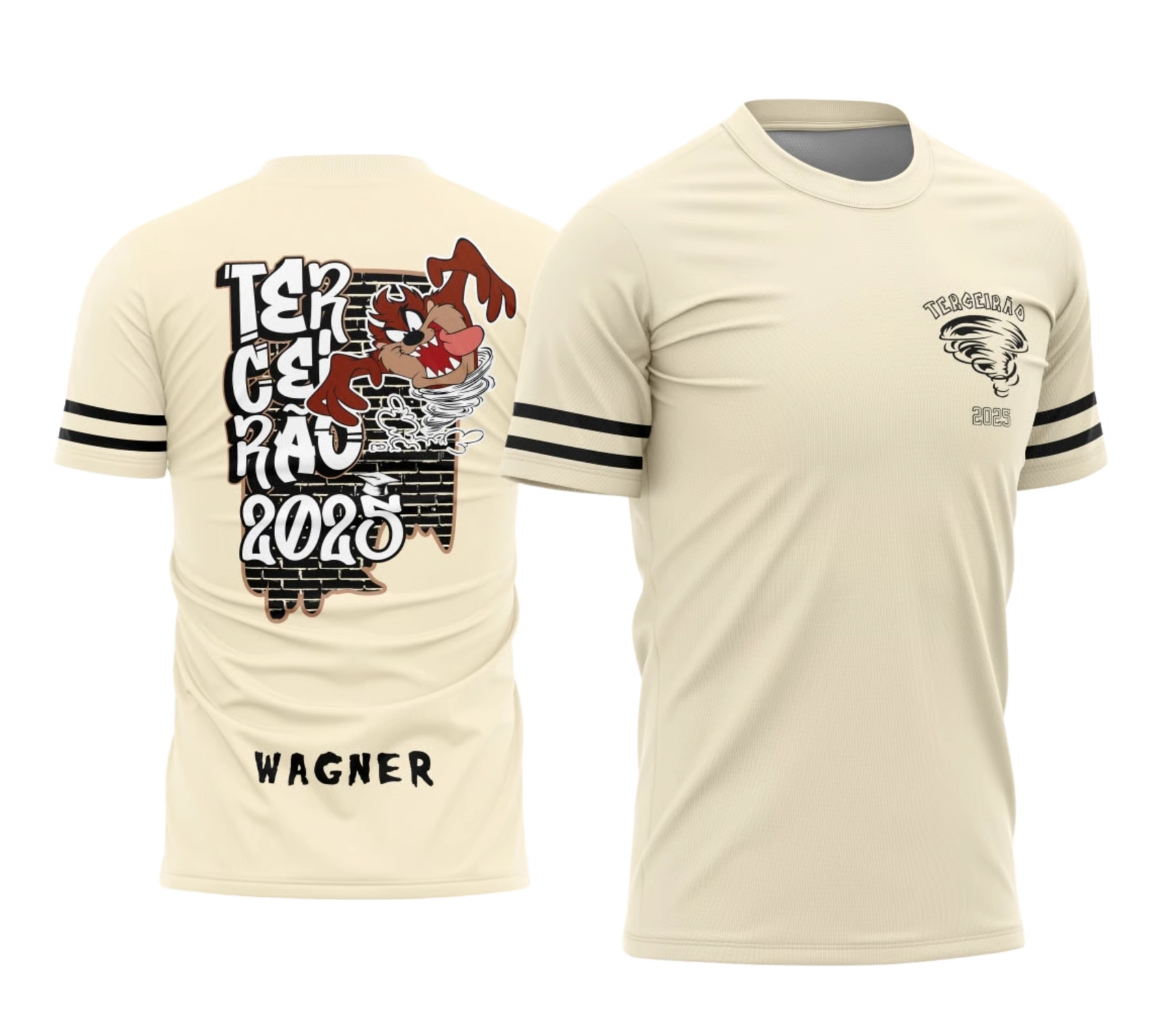 Camisa bege do terceirão 2026 com estampa do personagem Taz e personalização com nome do aluno
