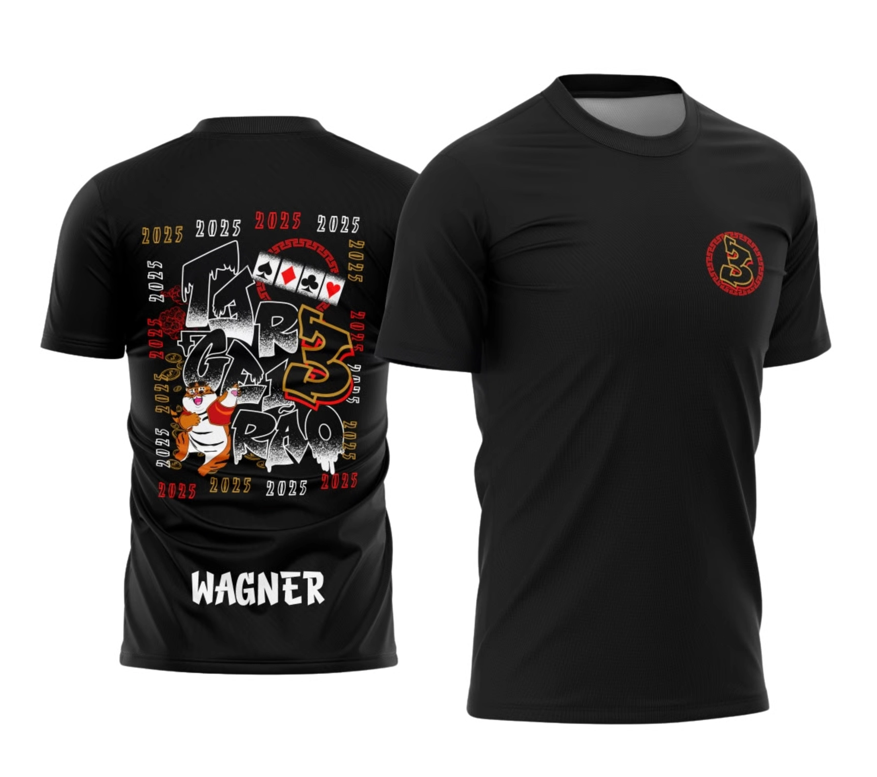 Camisa preta do terceirão 2026 com estampa de tigrinho, tipografia grafite e personalização com nome do aluno nas costas