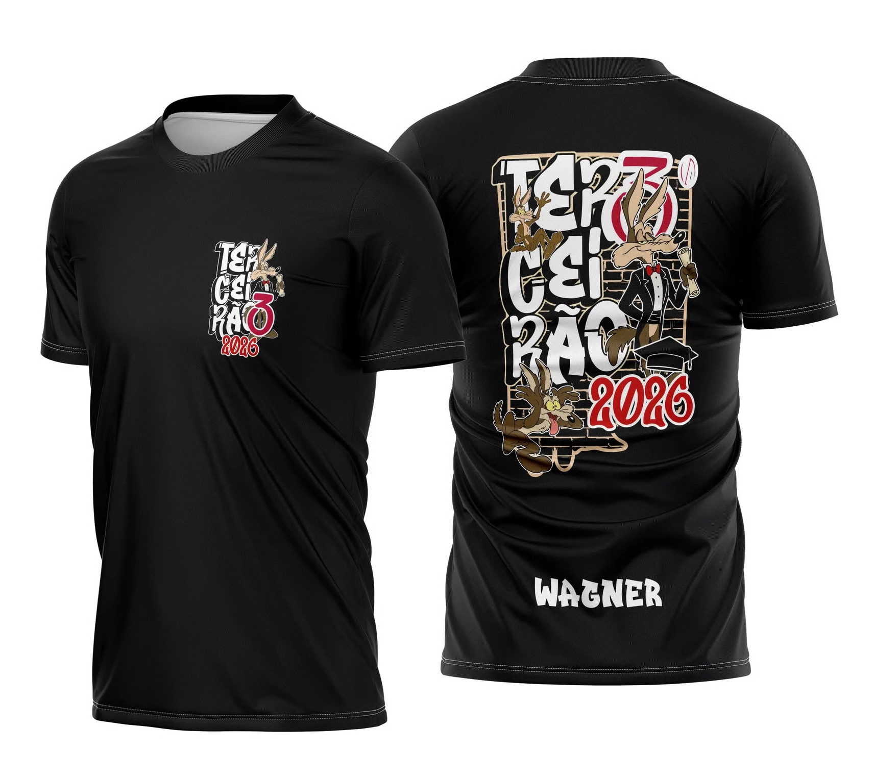 Camisa preta do terceirão 2026 com estampa temática do Coyote e personalização com nome do aluno