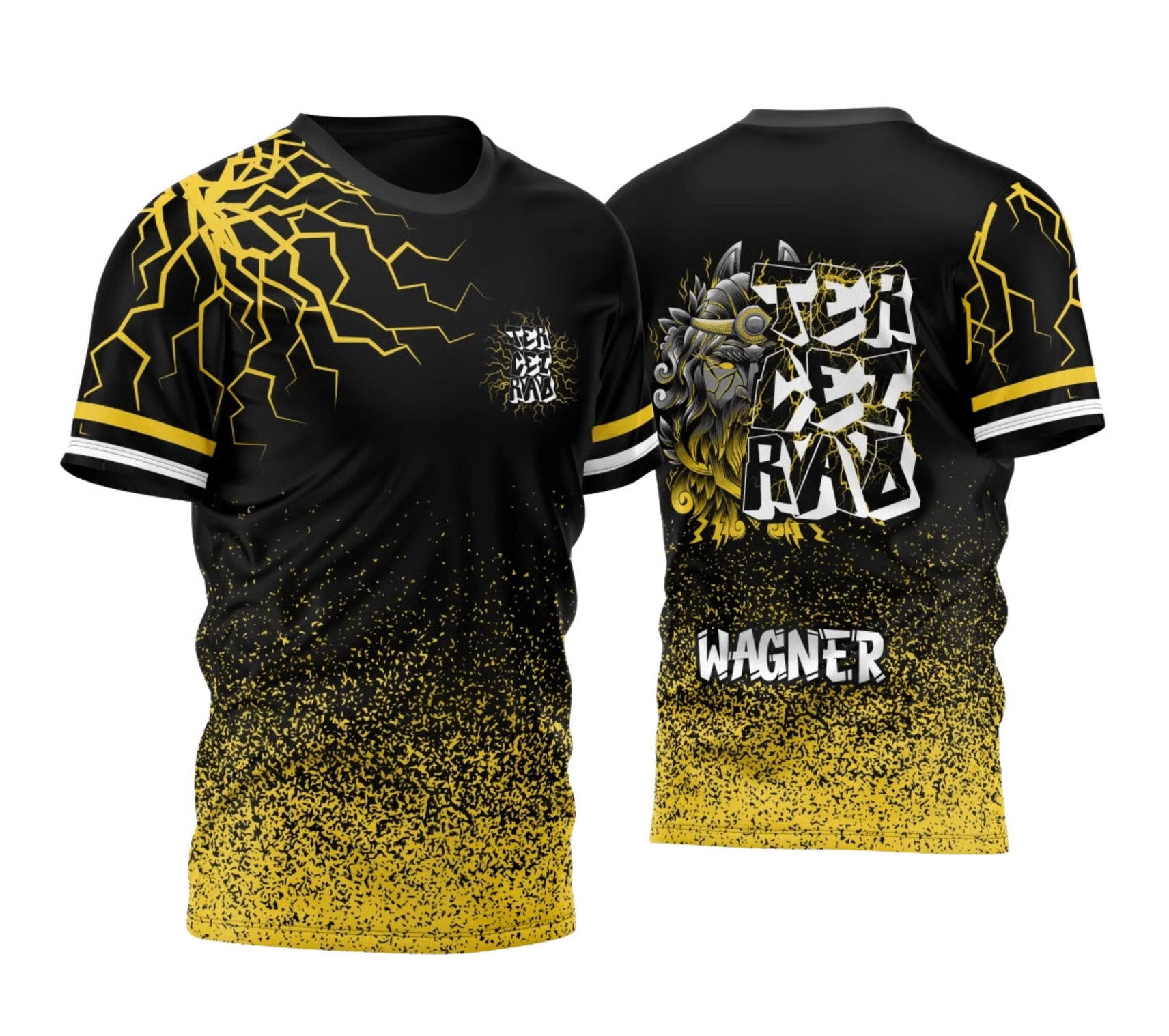 Camisa terceirão 2026 preta com amarelo, estampa de Zeus com raios e efeito degradê, personalizada com nome.