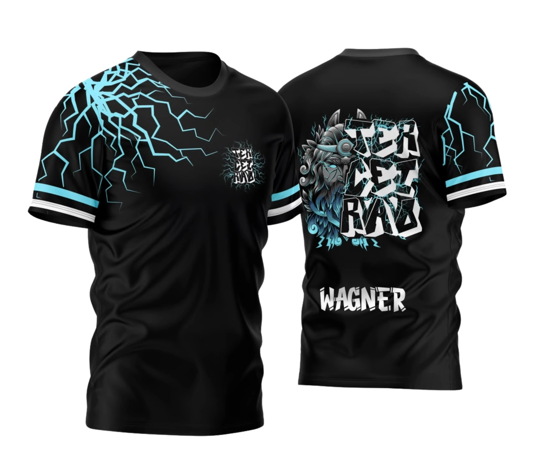 Camisa preta do terceirão 2026 modelo Zeus com estampa de relâmpagos e personalização com nome do aluno