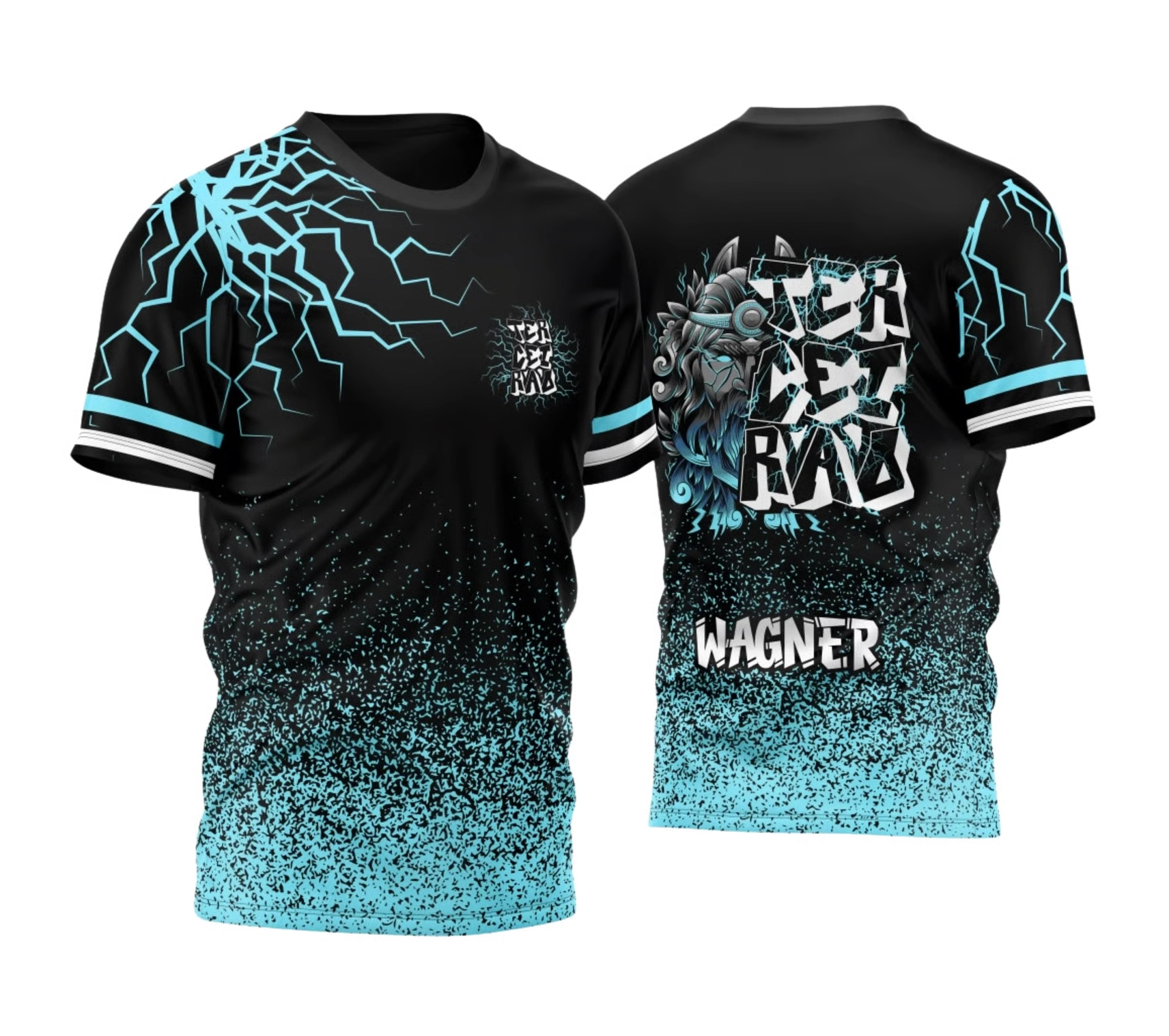 Camisa preta e azul do terceirão 2026 inspirada em Zeus com estampa de raios e personalização com nome do aluno