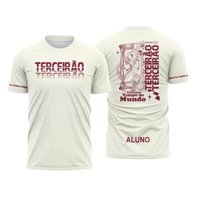 Camiseta Terceirão “Tempo do Mundo” com estampa de ampulheta nas costas, tipografia moderna em vinho e personalização com nome do aluno.