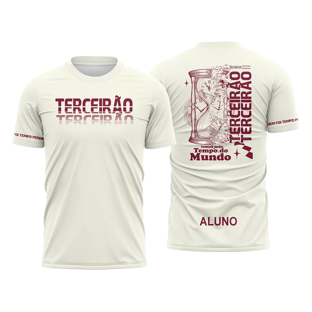 Camiseta Terceirão “Tempo do Mundo” com estampa de ampulheta nas costas, tipografia moderna em vinho e personalização com nome do aluno.